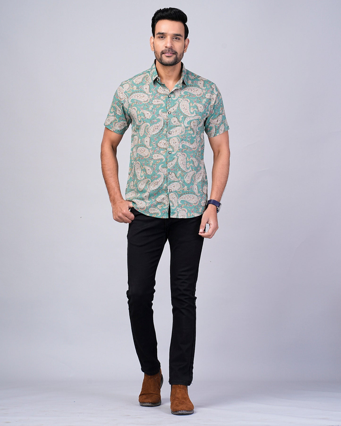 Men's Sage-Green Paisley Printed Half-Sleeves shirts