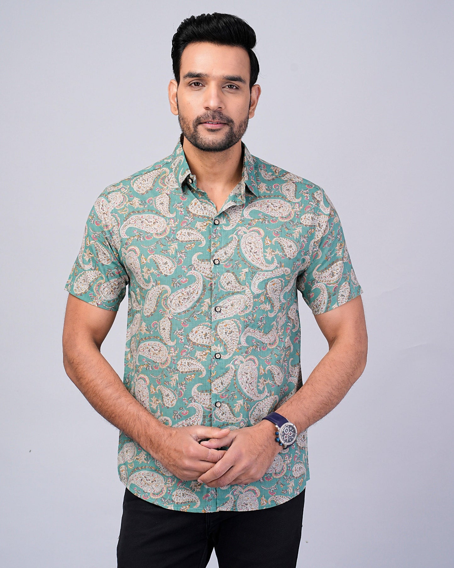 Men's Sage-Green Paisley Printed Half-Sleeves shirts