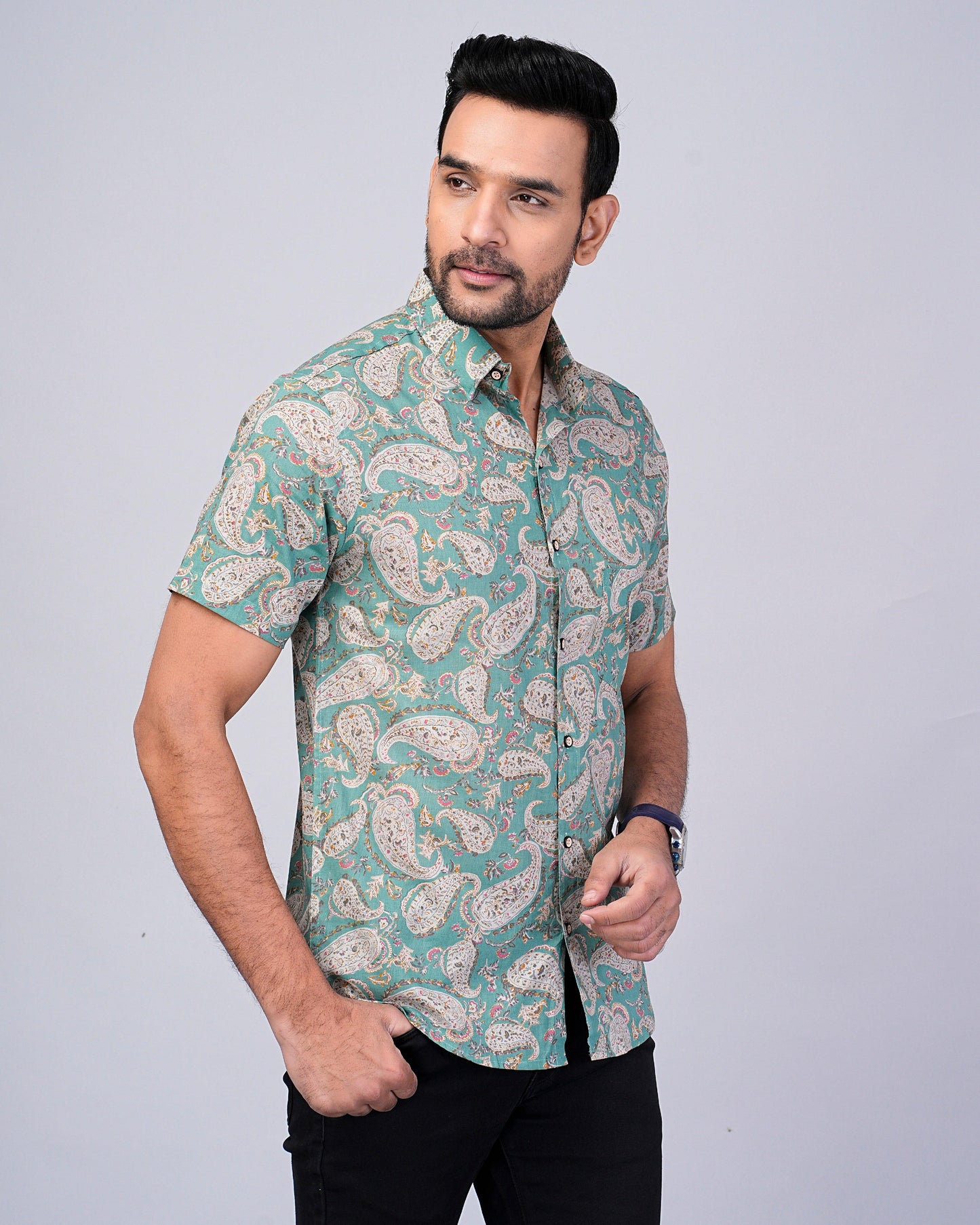 Men's Sage-Green Paisley Printed Half-Sleeves shirts
