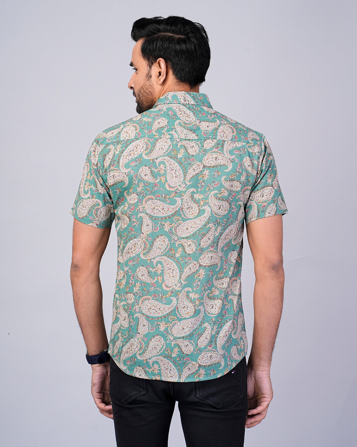 Men's Sage-Green Paisley Printed Half-Sleeves shirts