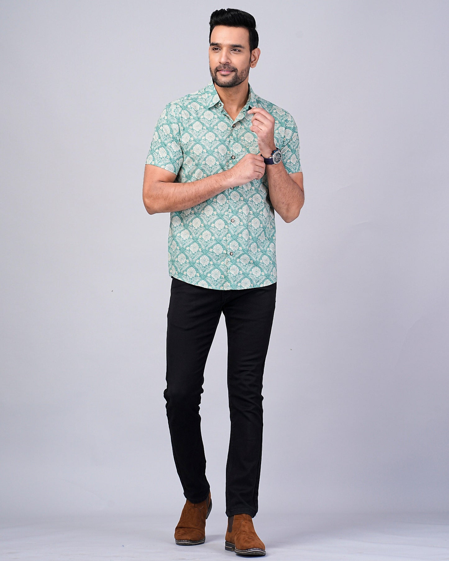 Men's  Sage-Green Floral Printed Half-Sleeves shirts