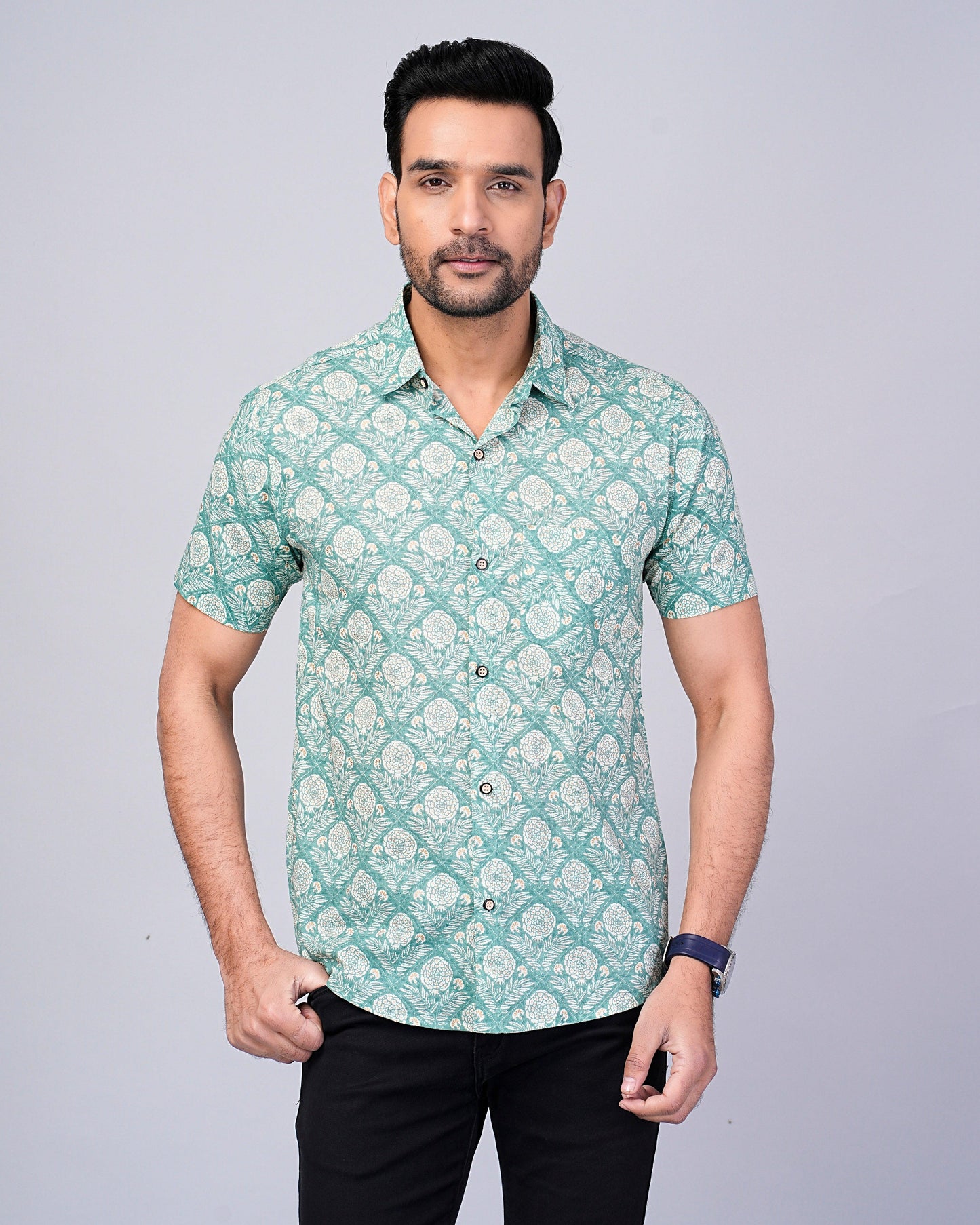 Men's  Sage-Green Floral Printed Half-Sleeves shirts