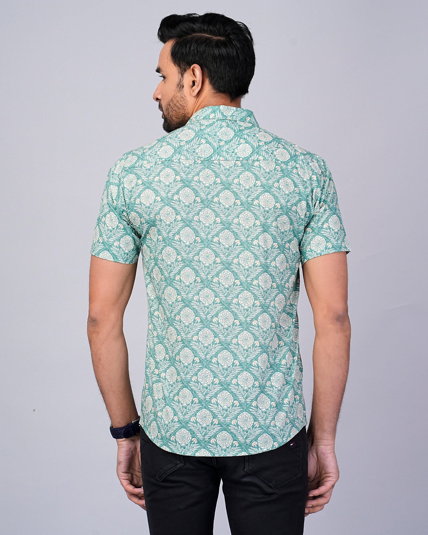 Men's  Sage-Green Floral Printed Half-Sleeves shirts