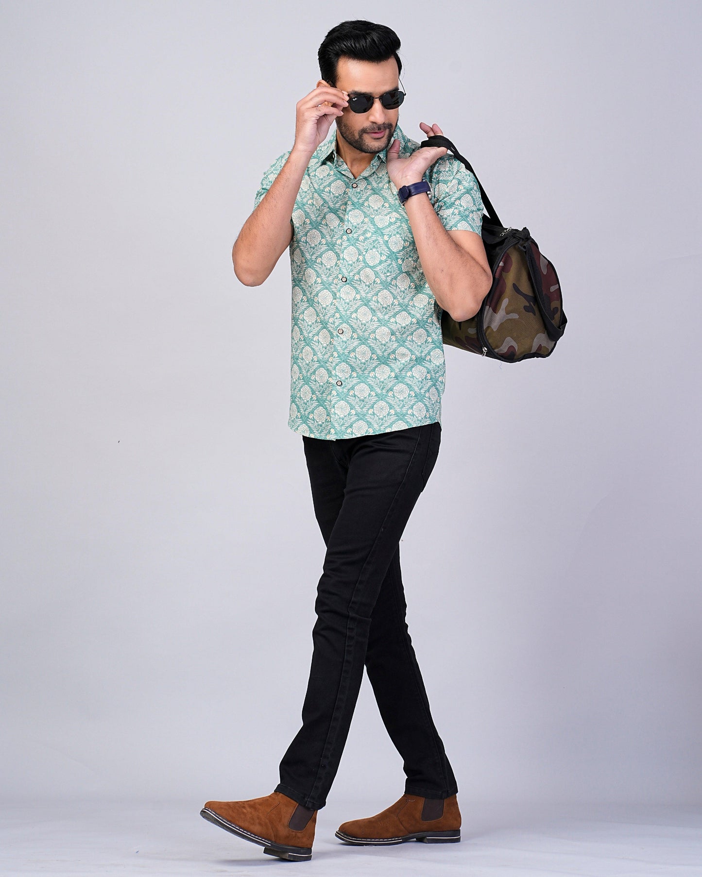 Men's  Sage-Green Floral Printed Half-Sleeves shirts