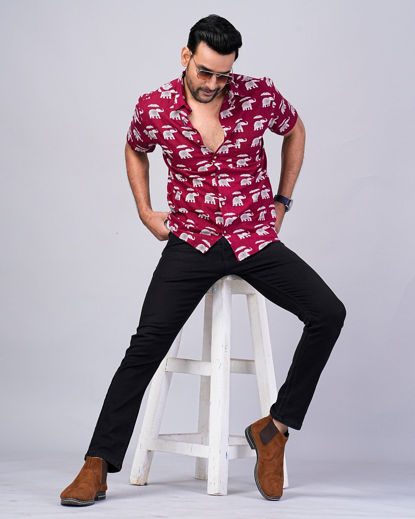 Men's Elephant Maroon Color Printed Half-Sleeves shirts