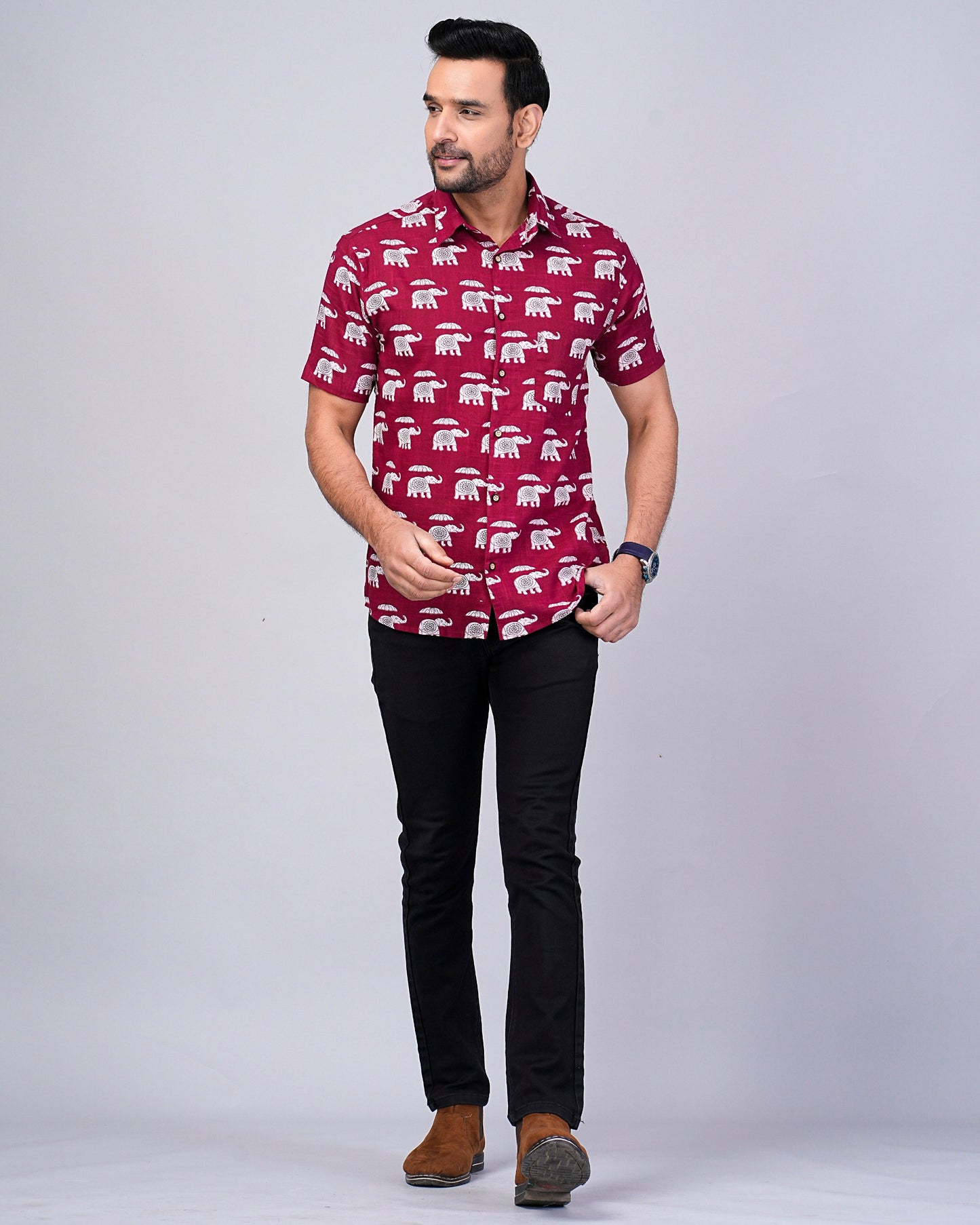 Men's Elephant Maroon Color Printed Half-Sleeves shirts
