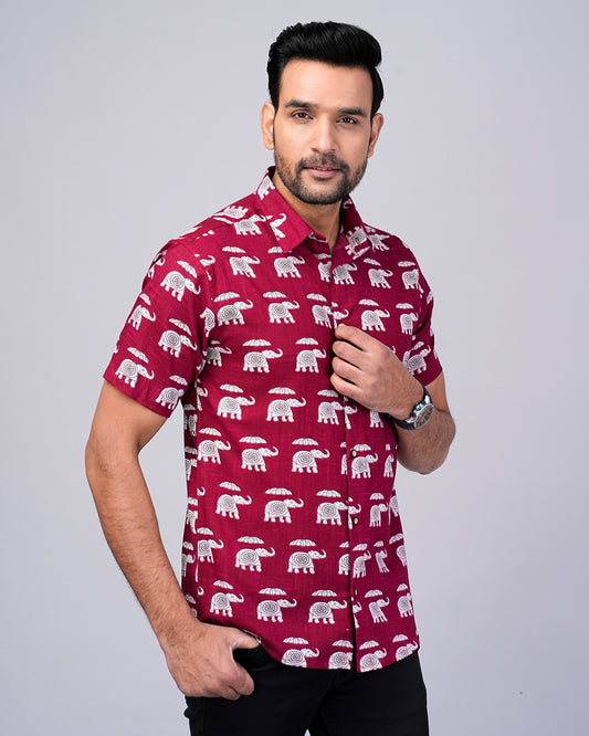 Men's Elephant Maroon Color Printed Half-Sleeves shirts