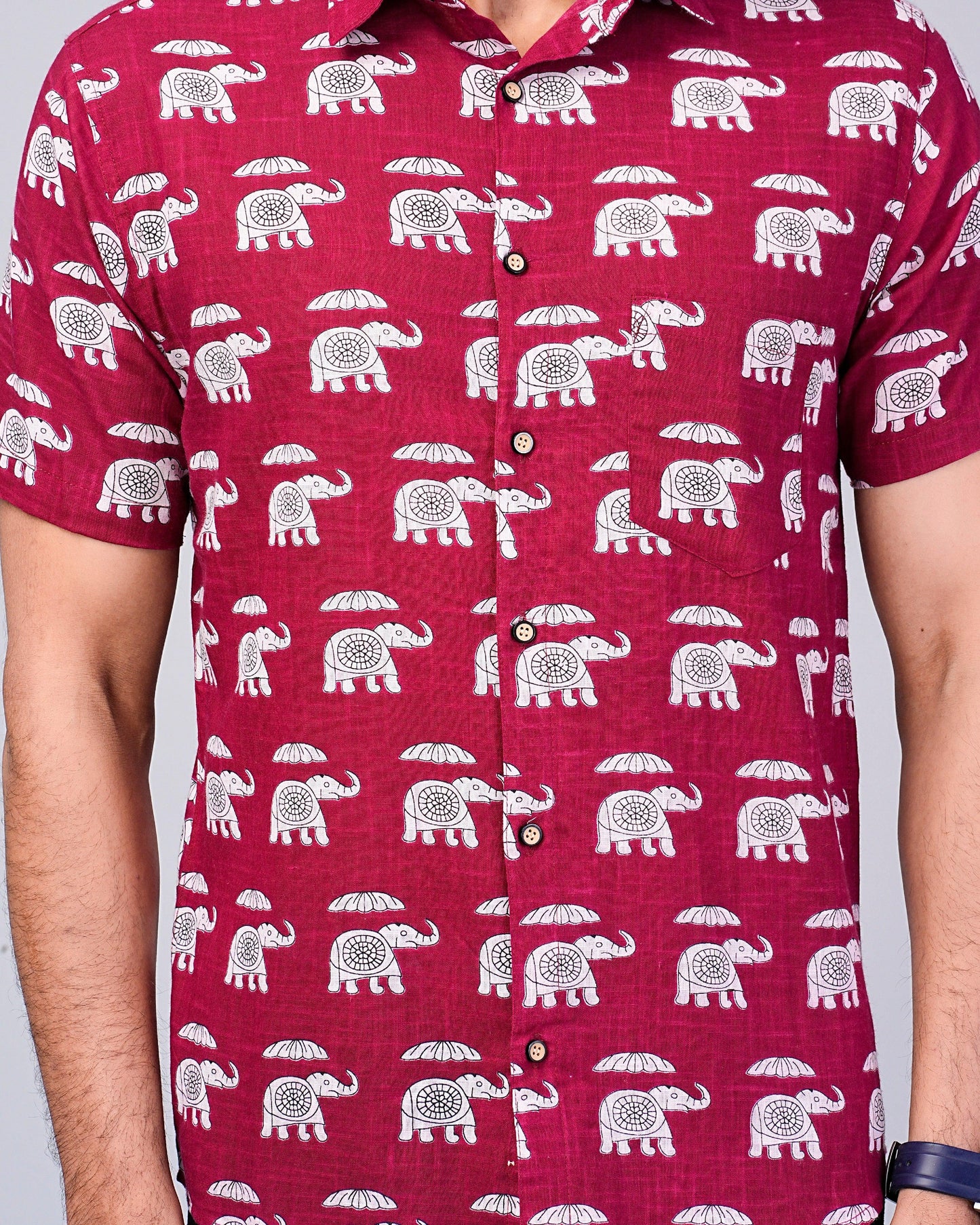 Men's Elephant Maroon Color Printed Half-Sleeves shirts