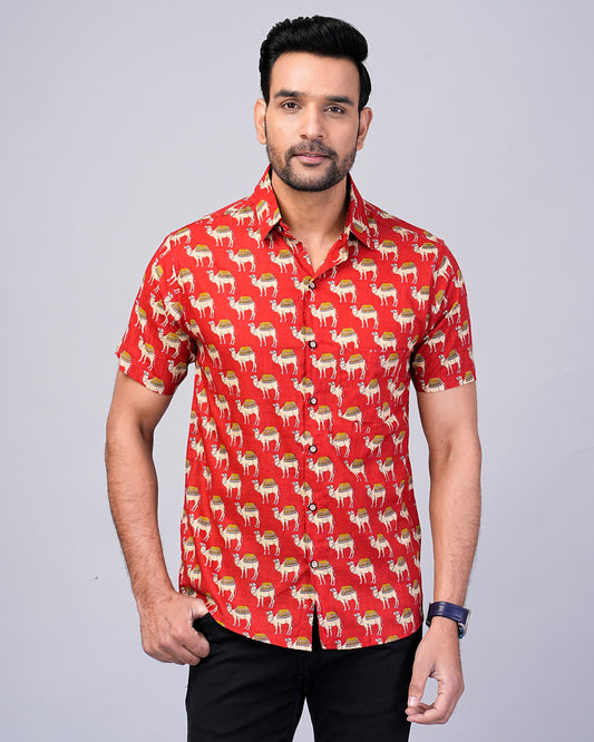 Men's Camel Red Color Printed Half-Sleeves shirts