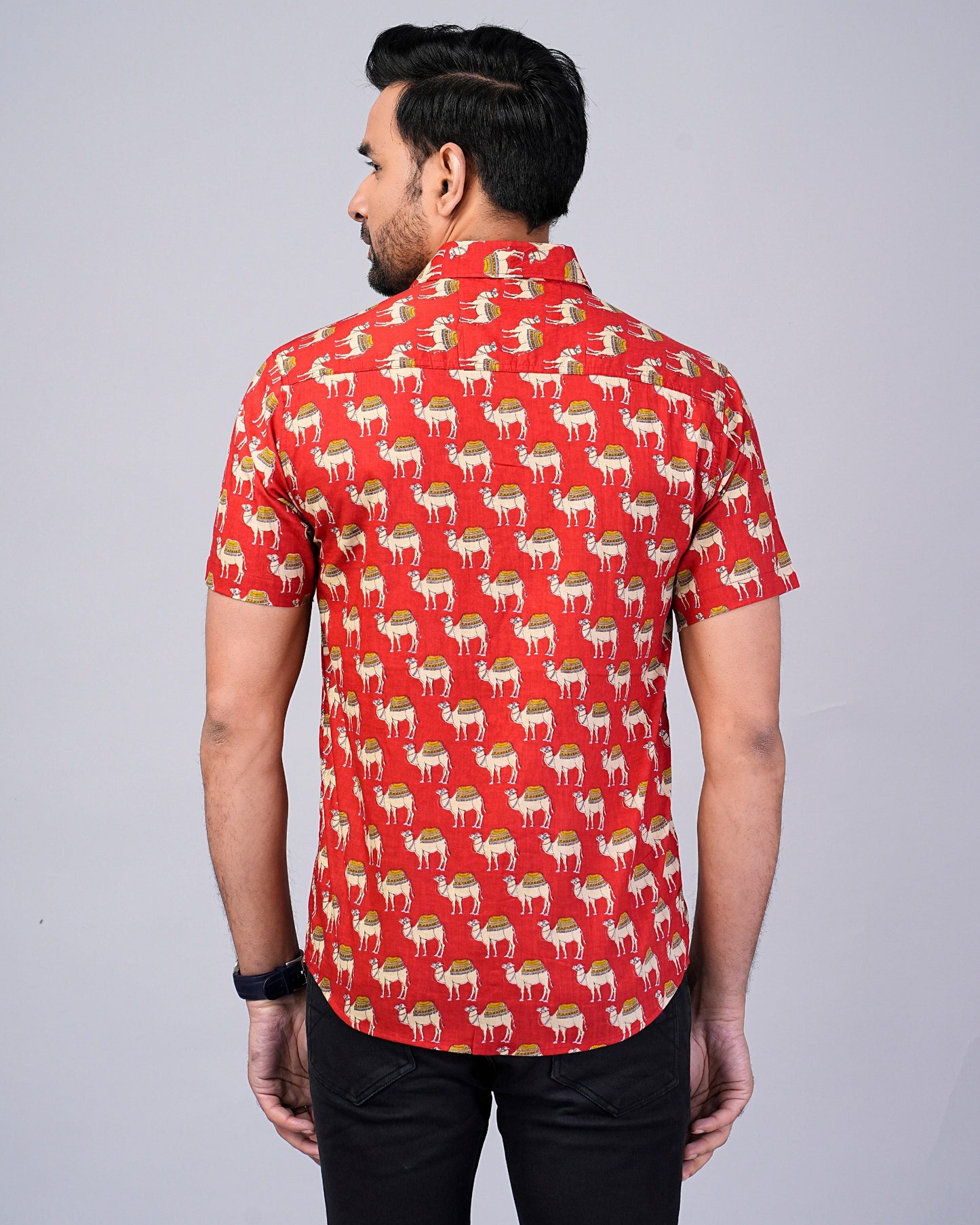 Men's Camel Red Color Printed Half-Sleeves shirts