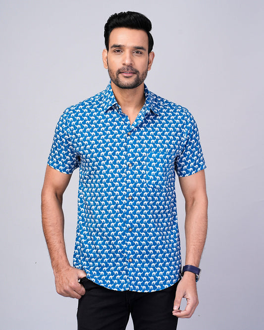 Men's Indigo Camel Printed Half-Sleeves shirts