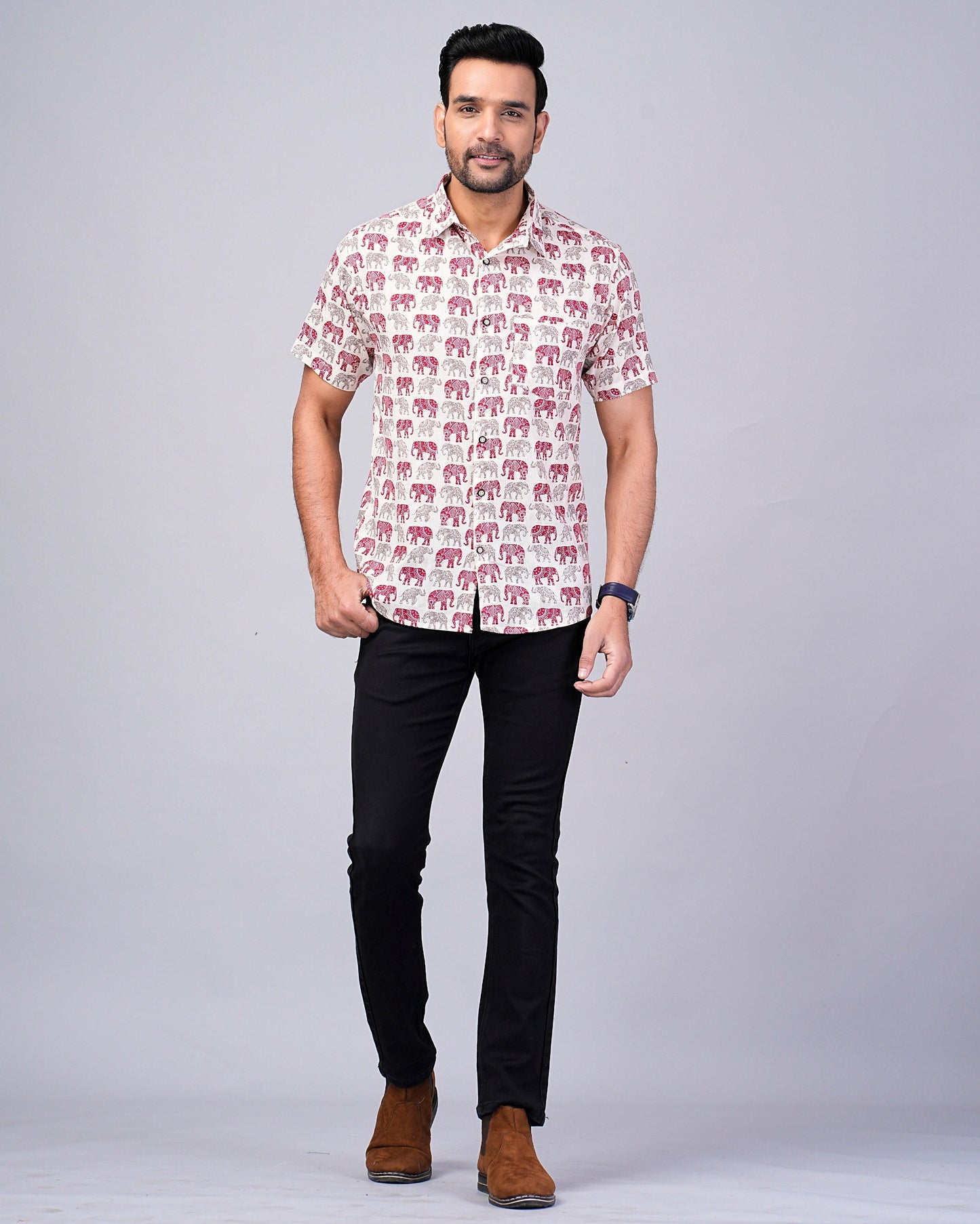 Men's Elephant Red & Grey Printed Half-Sleeves shirts