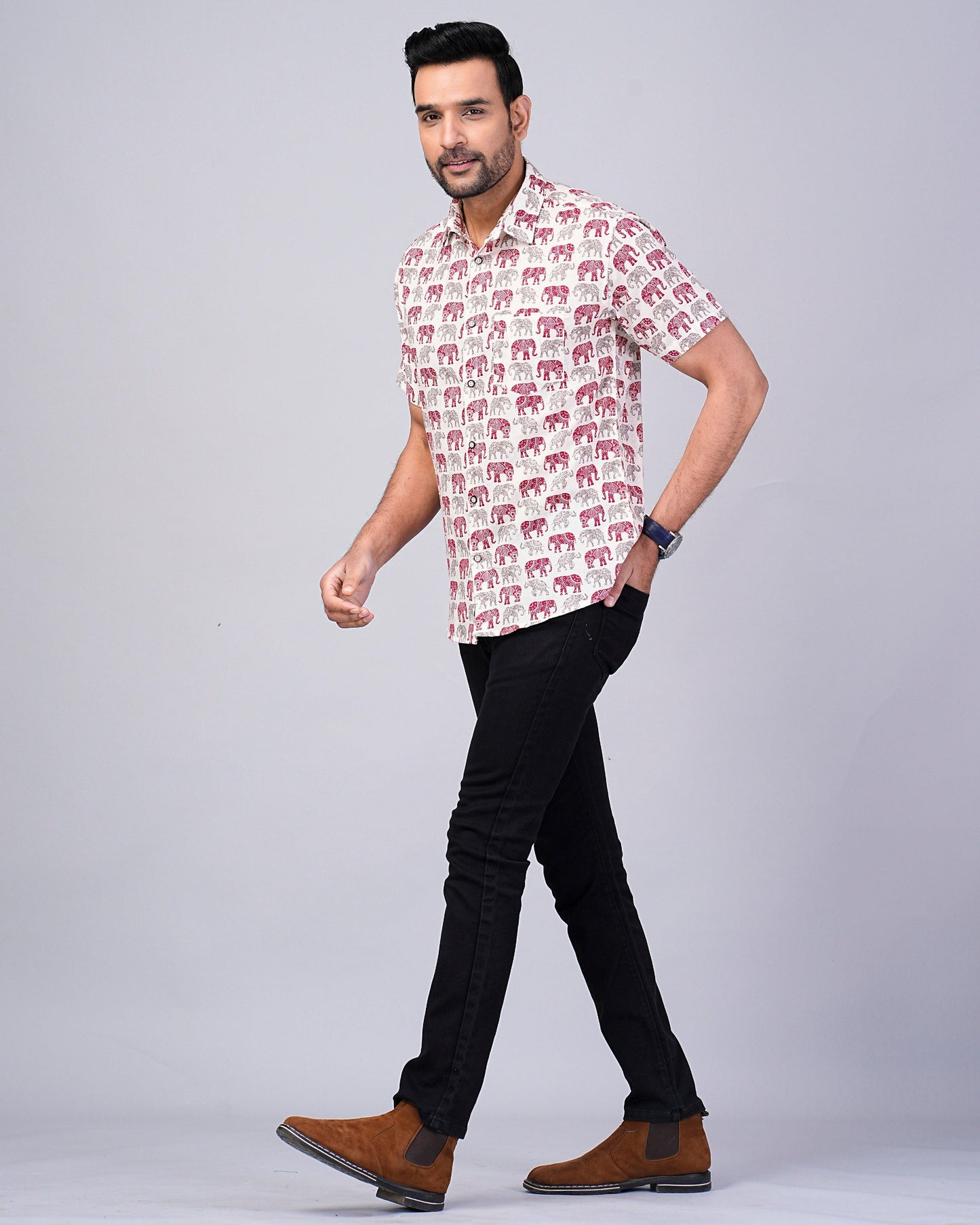 Men's Elephant Red & Grey Printed Half-Sleeves shirts