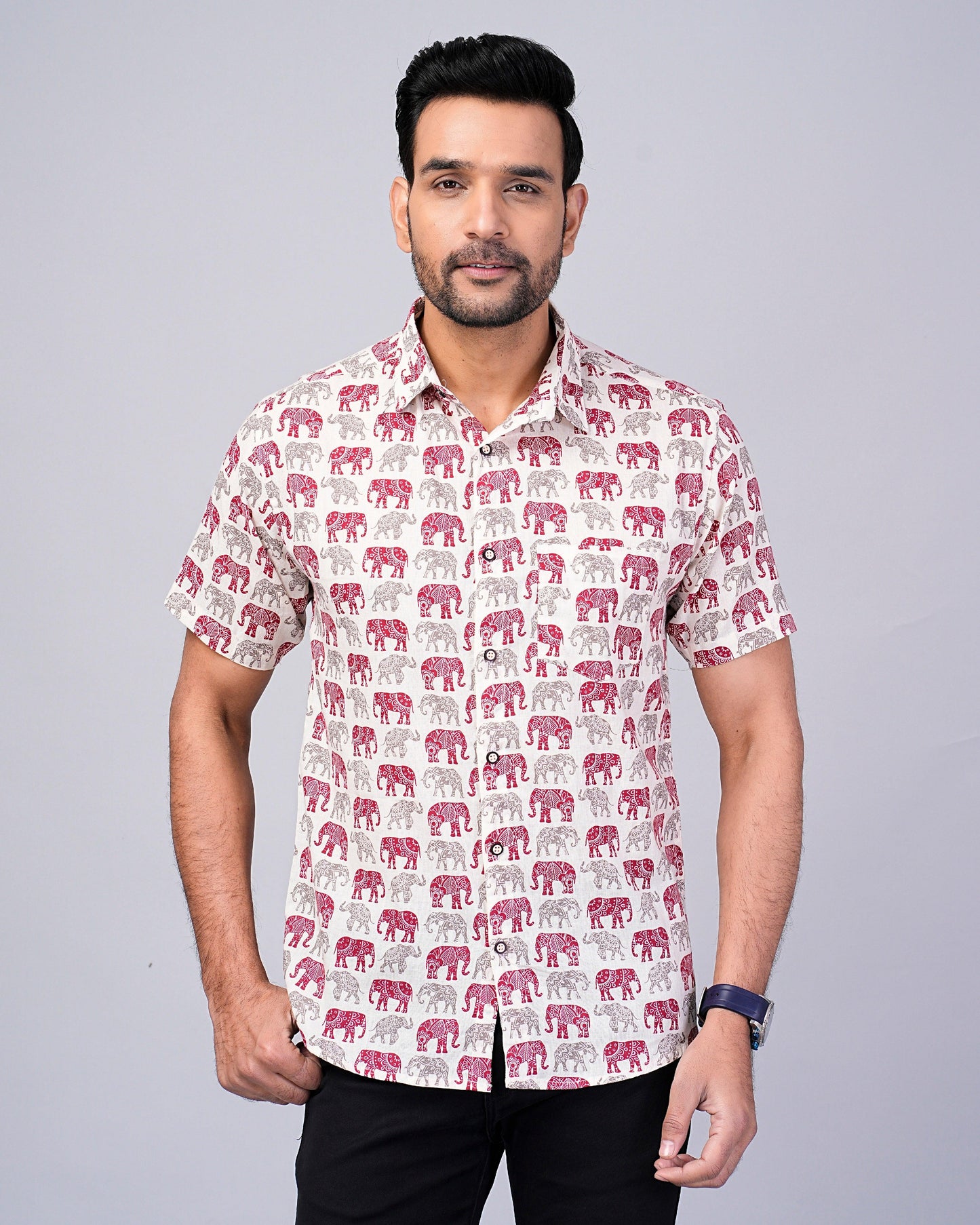 Men's Elephant Red & Grey Printed Half-Sleeves shirts