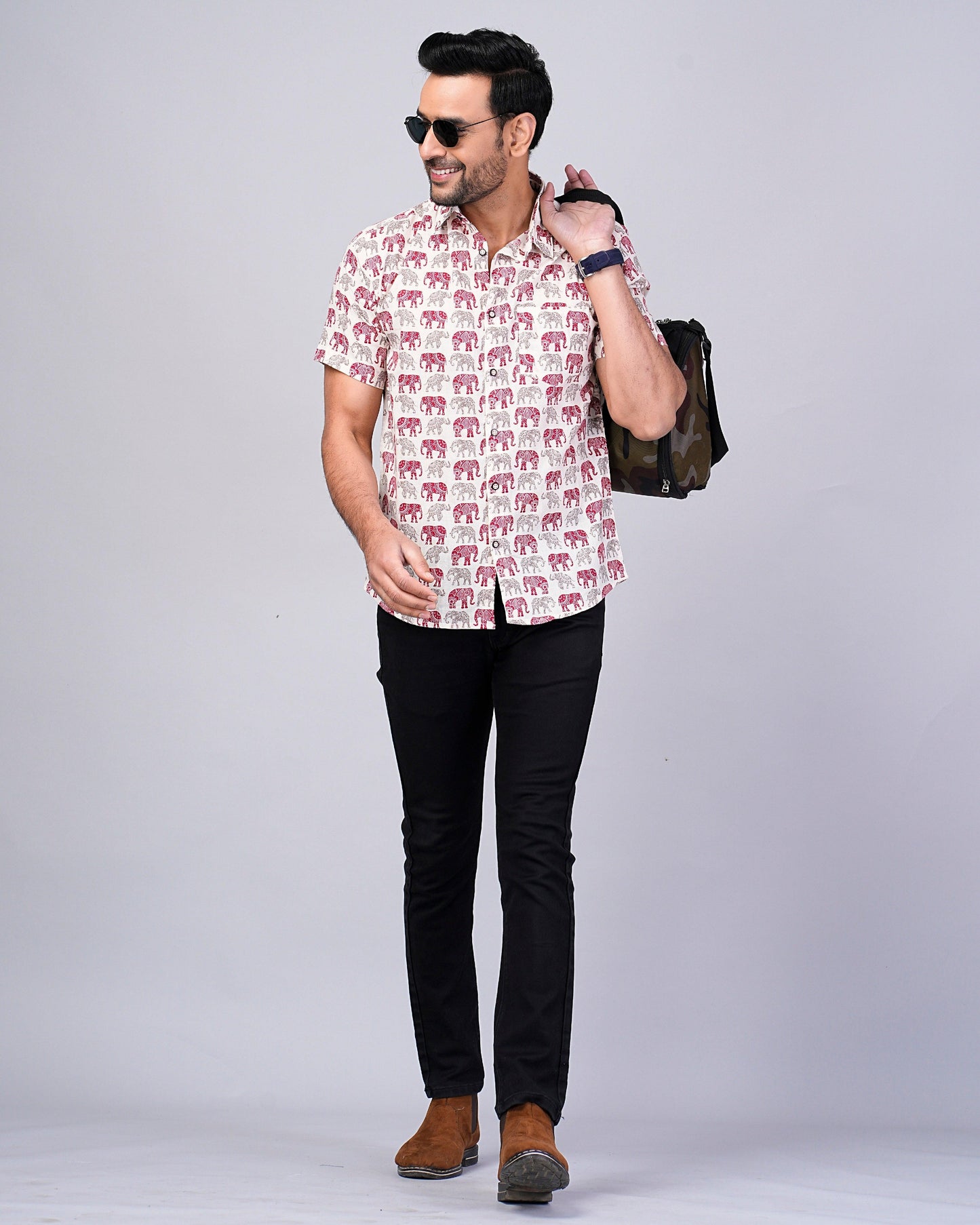 Men's Elephant Red & Grey Printed Half-Sleeves shirts