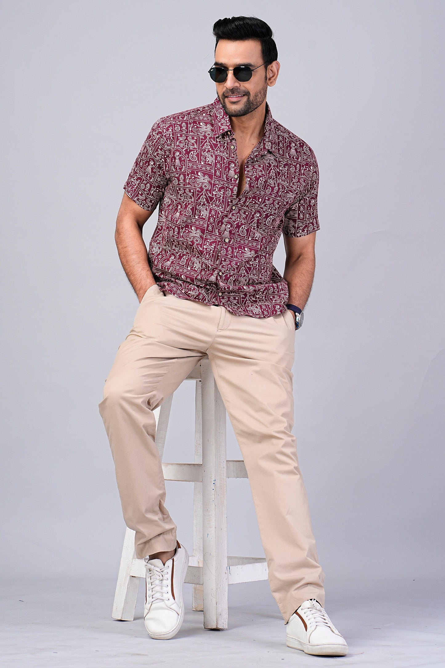 Men's Ethnic Maroon Printed Half-Sleeves shirts