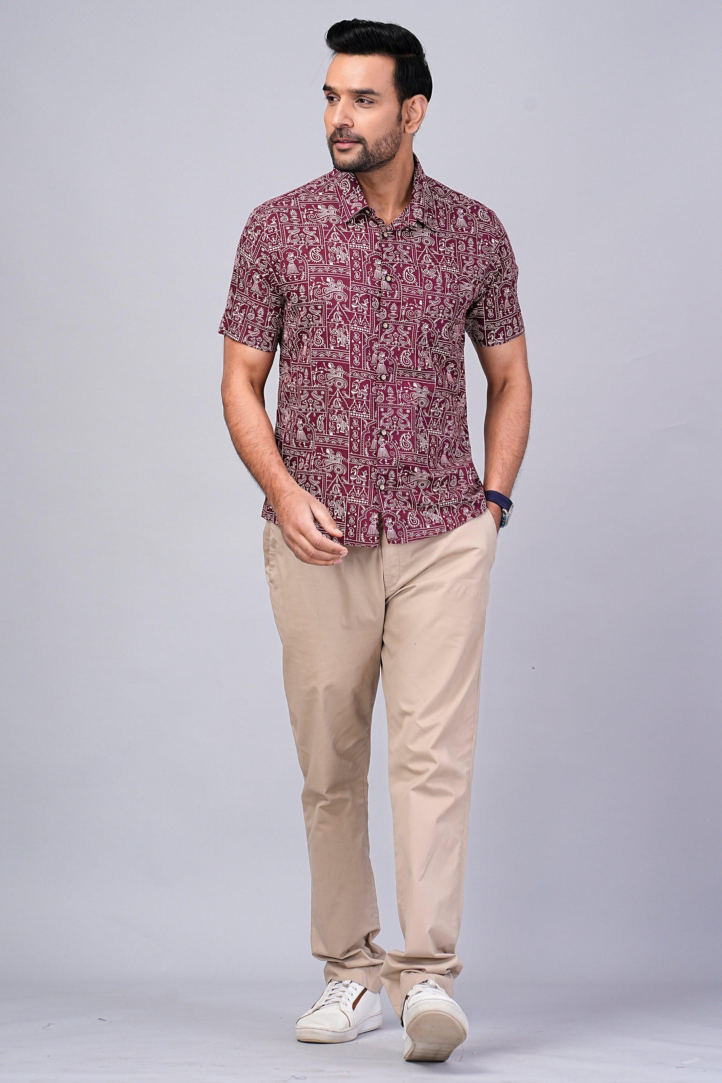 Men's Ethnic Maroon Printed Half-Sleeves shirts