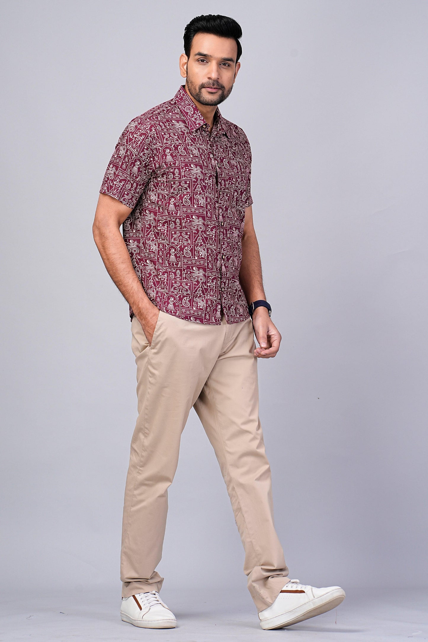 Men's Ethnic Maroon Printed Half-Sleeves shirts