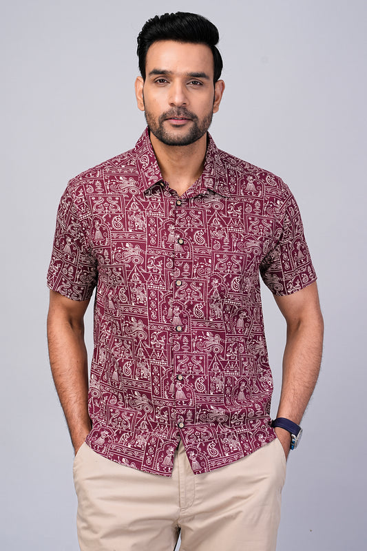 Men's Ethnic Maroon Printed Half-Sleeves shirts