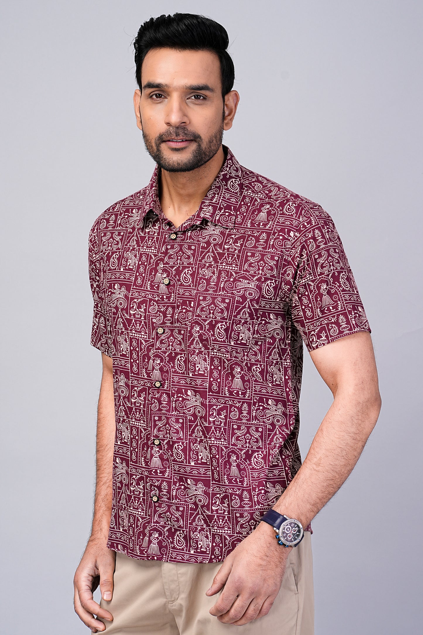 Men's Ethnic Maroon Printed Half-Sleeves shirts