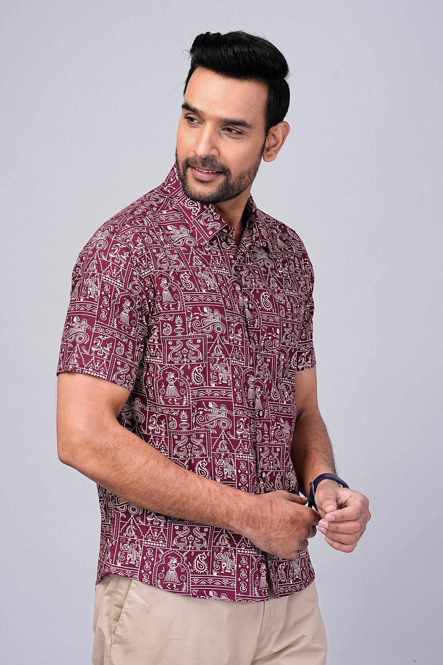 Men's Ethnic Maroon Printed Half-Sleeves shirts