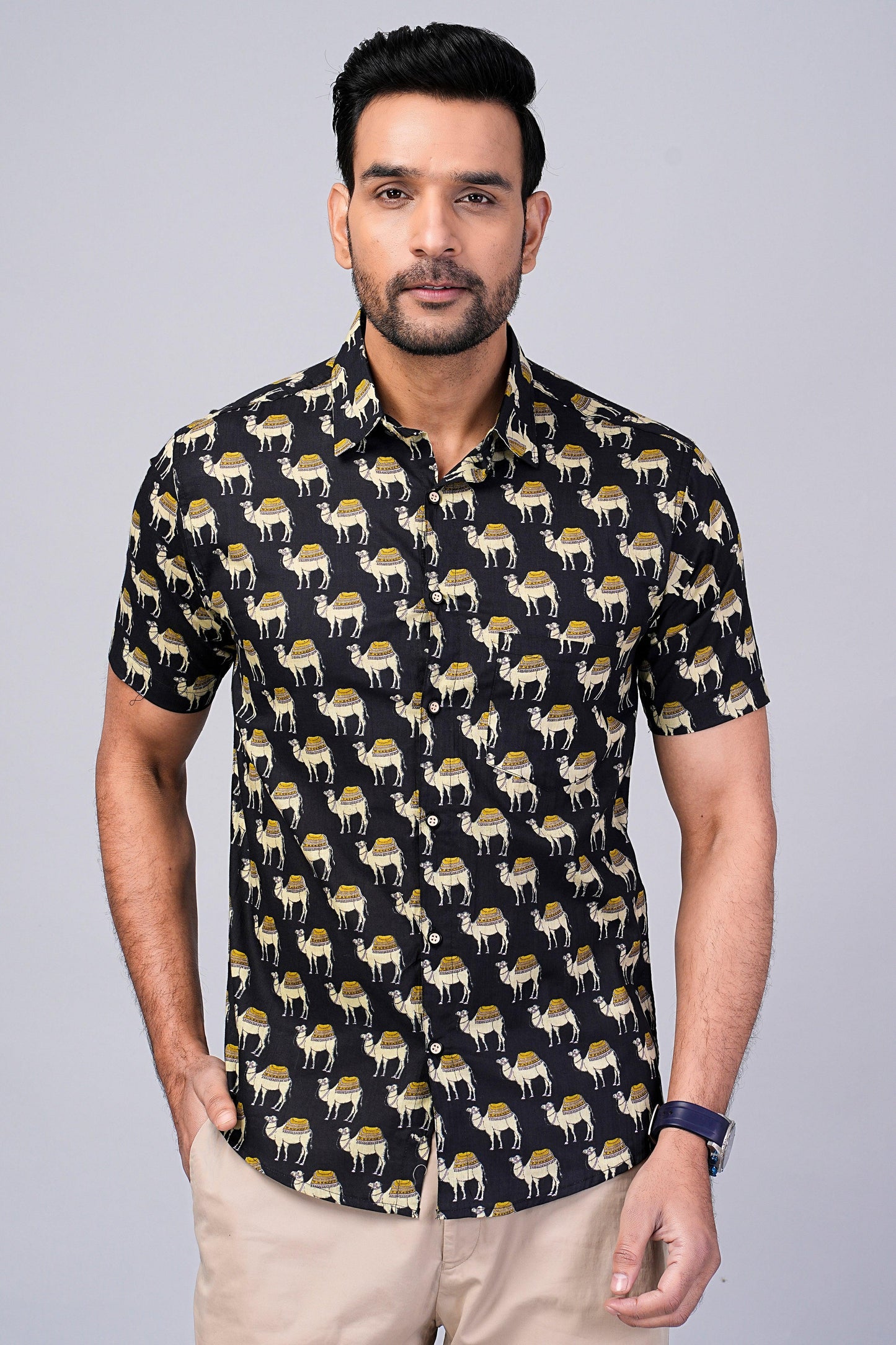 Men's Camel Printed Half-Sleeves shirts