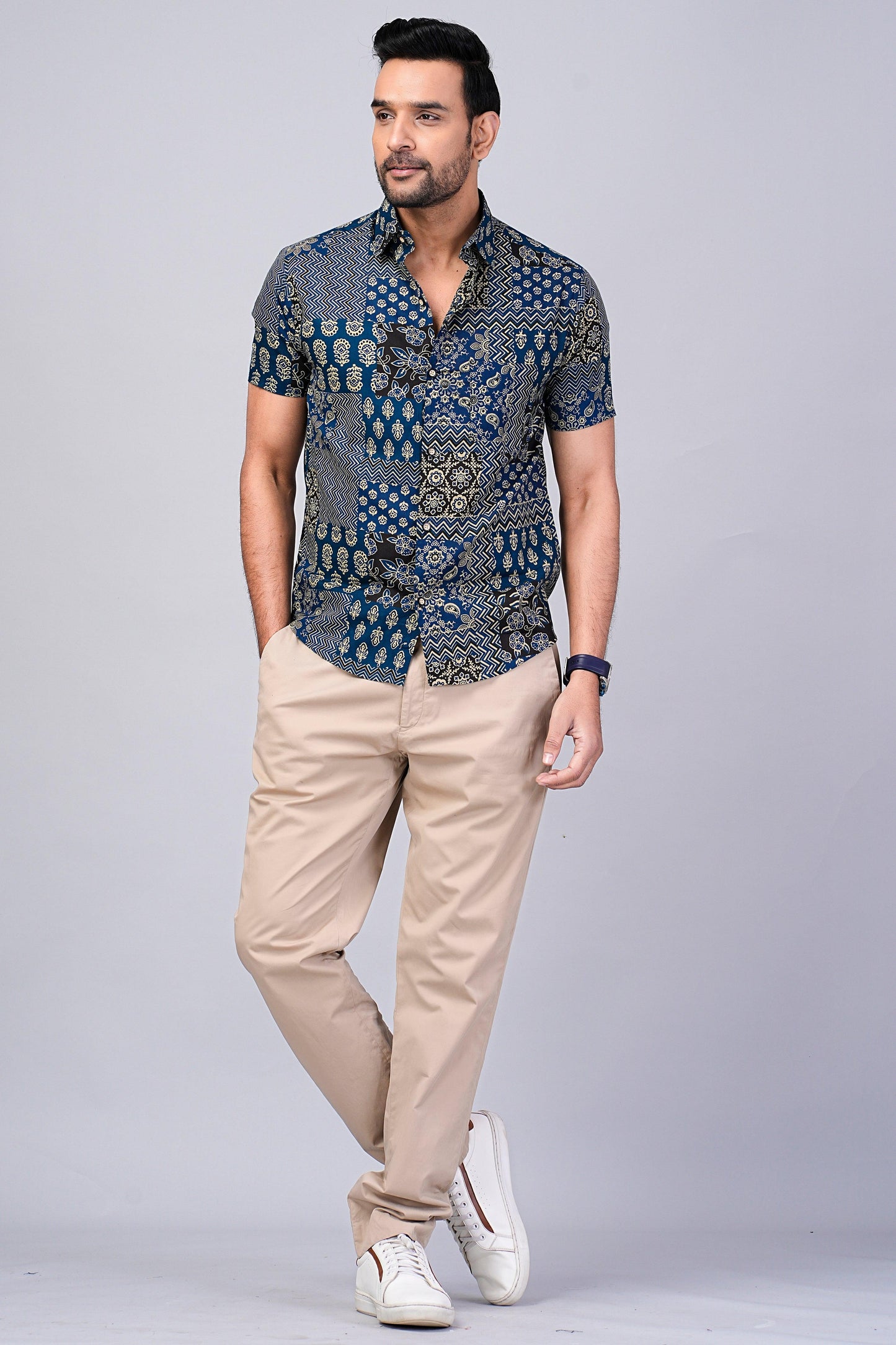 Men's Patch Work Indigo Printed Half-Sleeves shirts