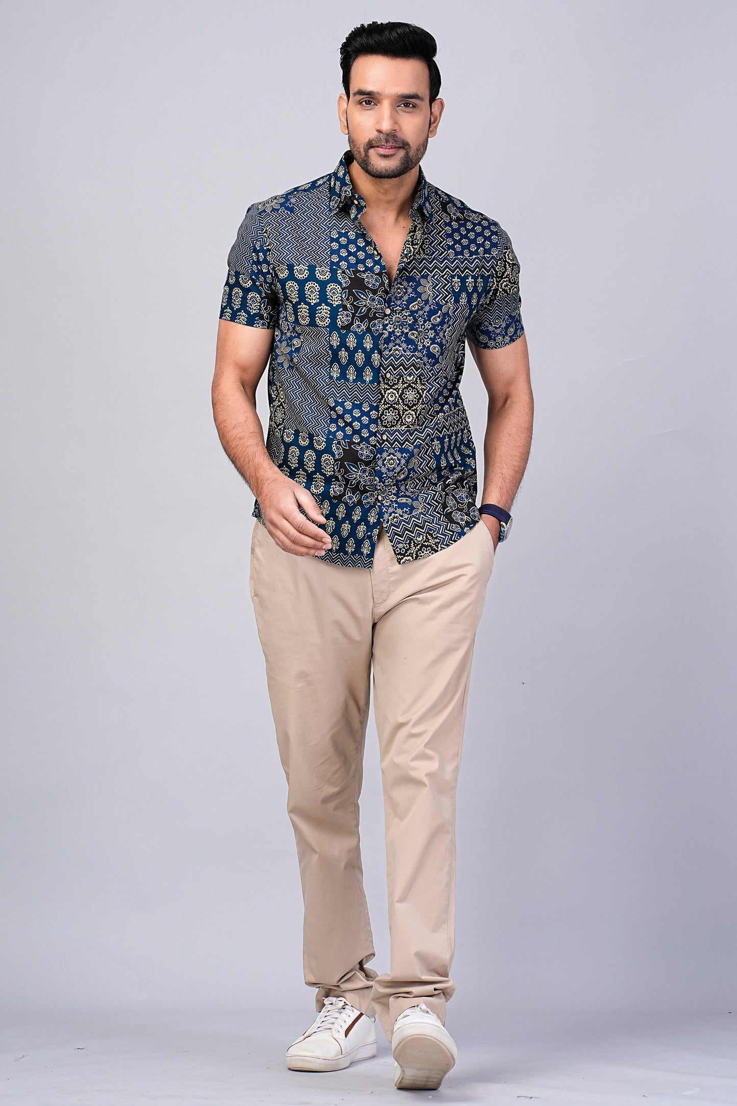 Men's Patch Work Indigo Printed Half-Sleeves shirts