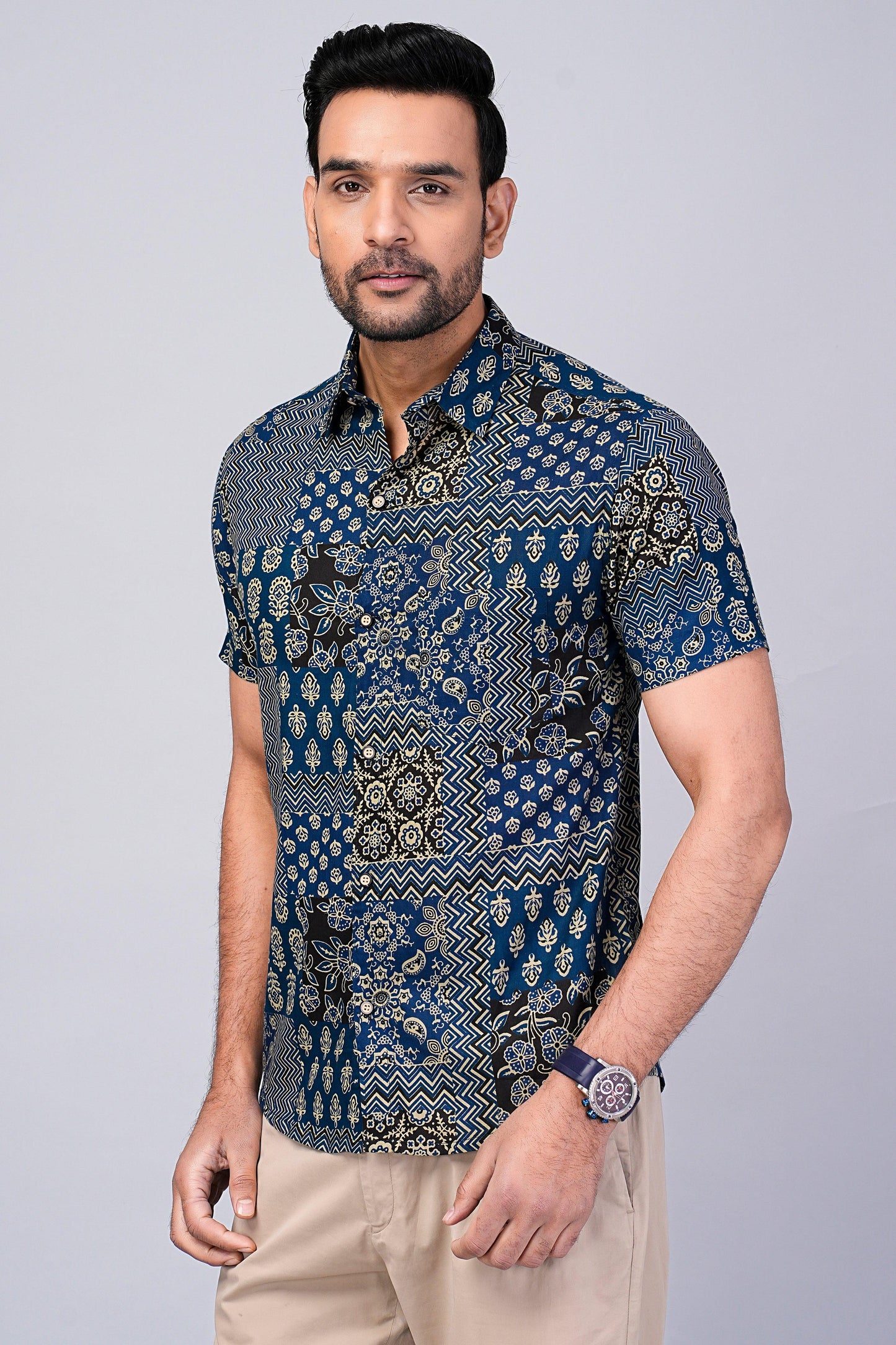 Men's Patch Work Indigo Printed Half-Sleeves shirts