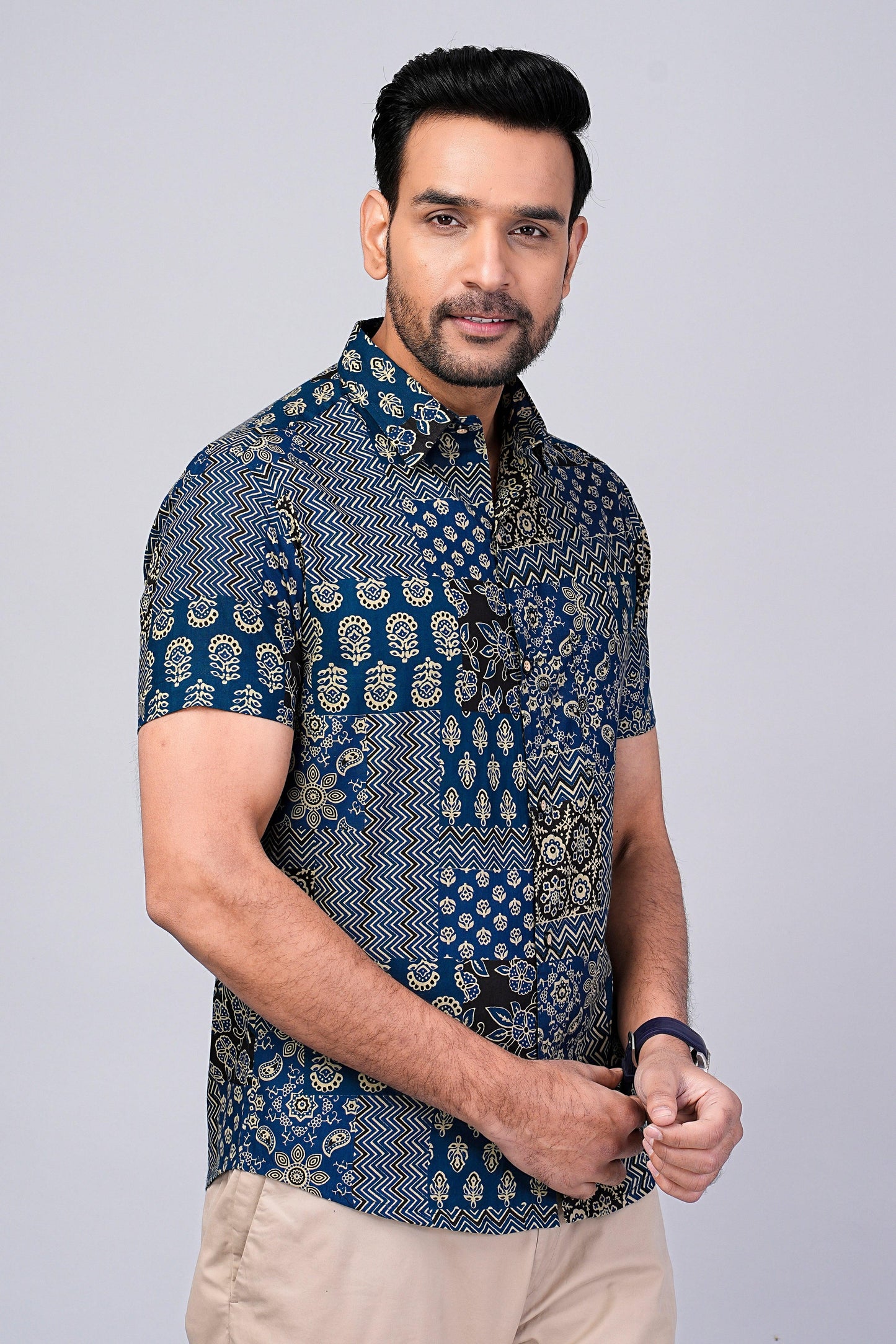 Men's Patch Work Indigo Printed Half-Sleeves shirts