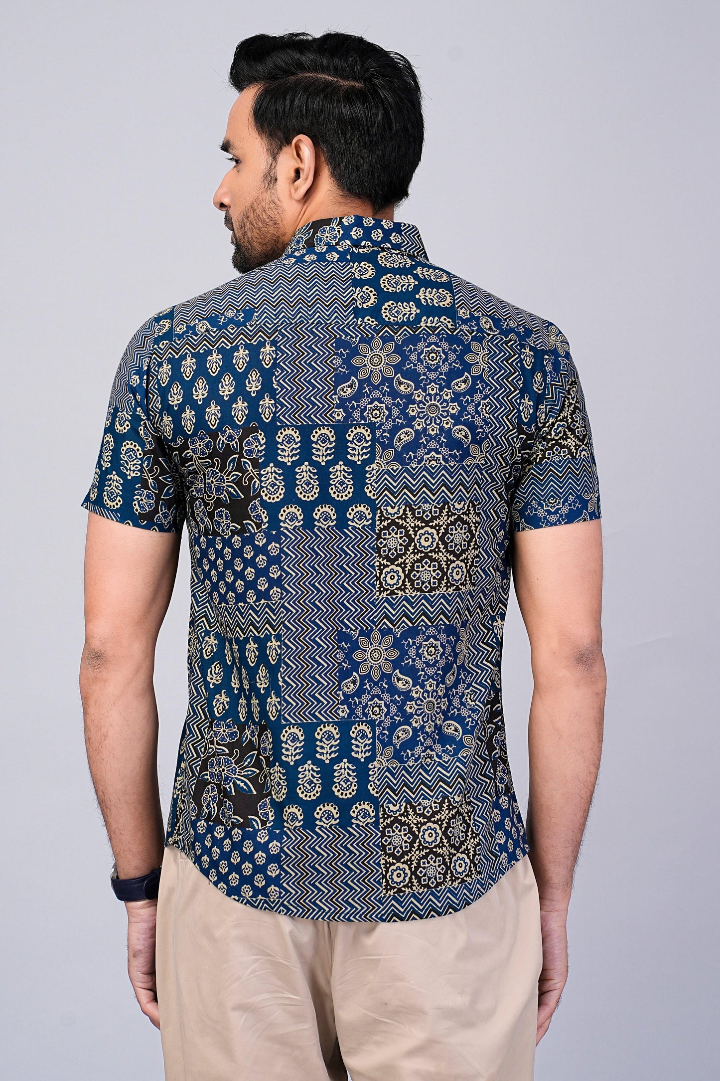 Men's Patch Work Indigo Printed Half-Sleeves shirts