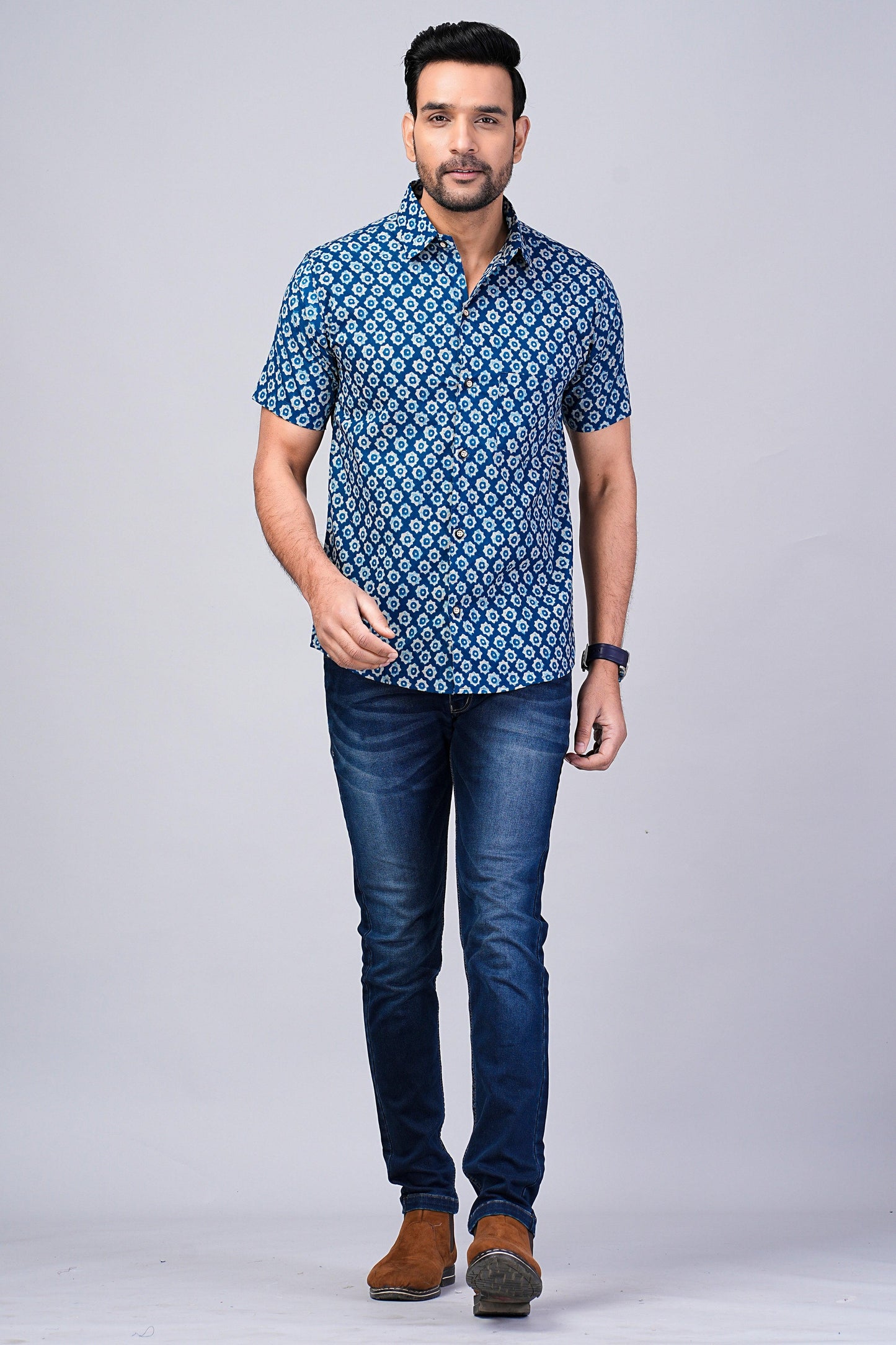 Men's Ethnic Indigo Printed Half-Sleeves shirts