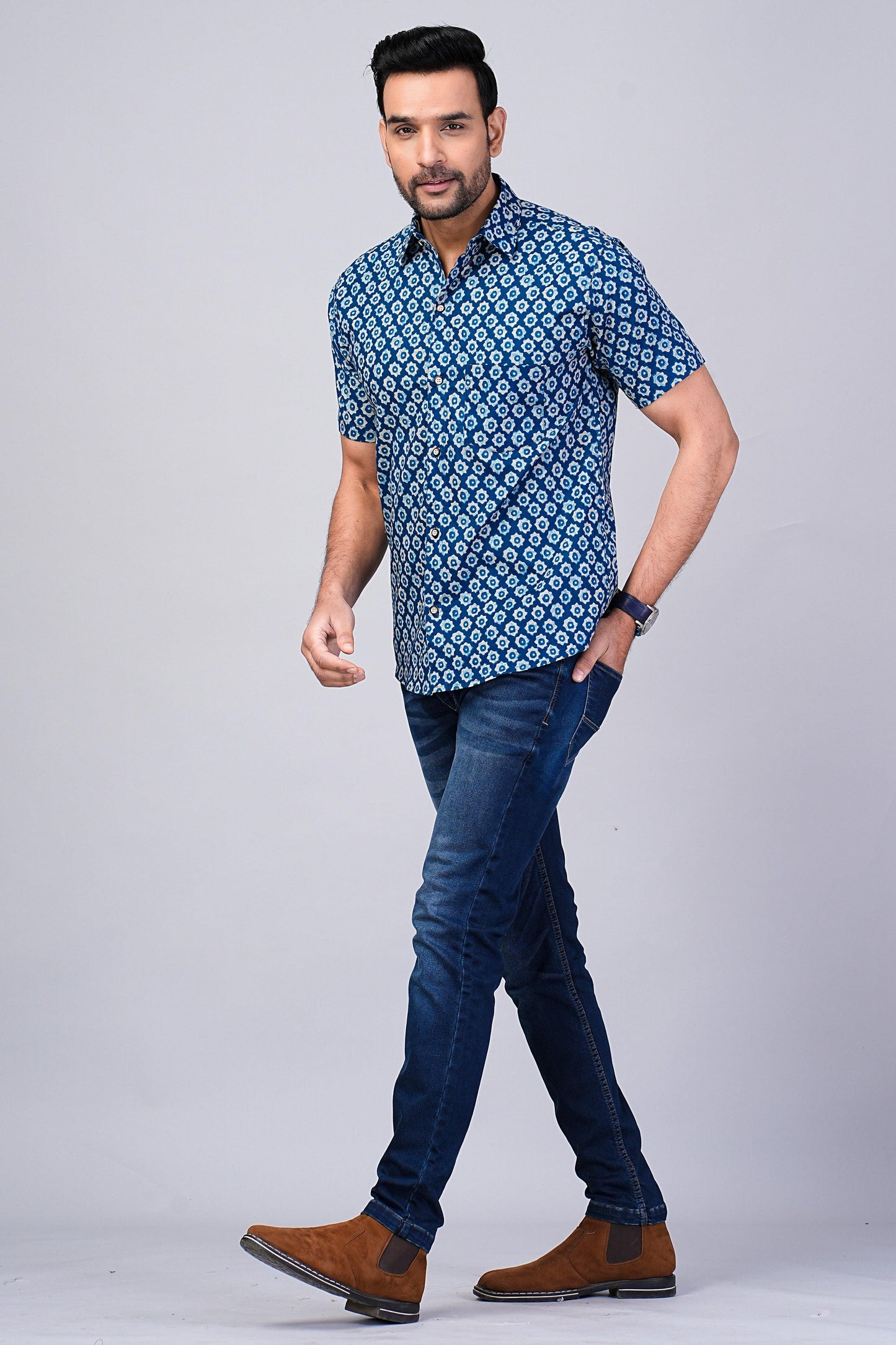 Men's Ethnic Indigo Printed Half-Sleeves shirts