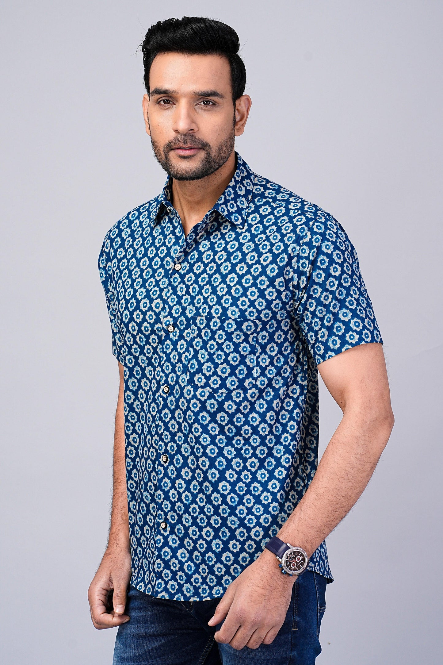 Men's Ethnic Indigo Printed Half-Sleeves shirts