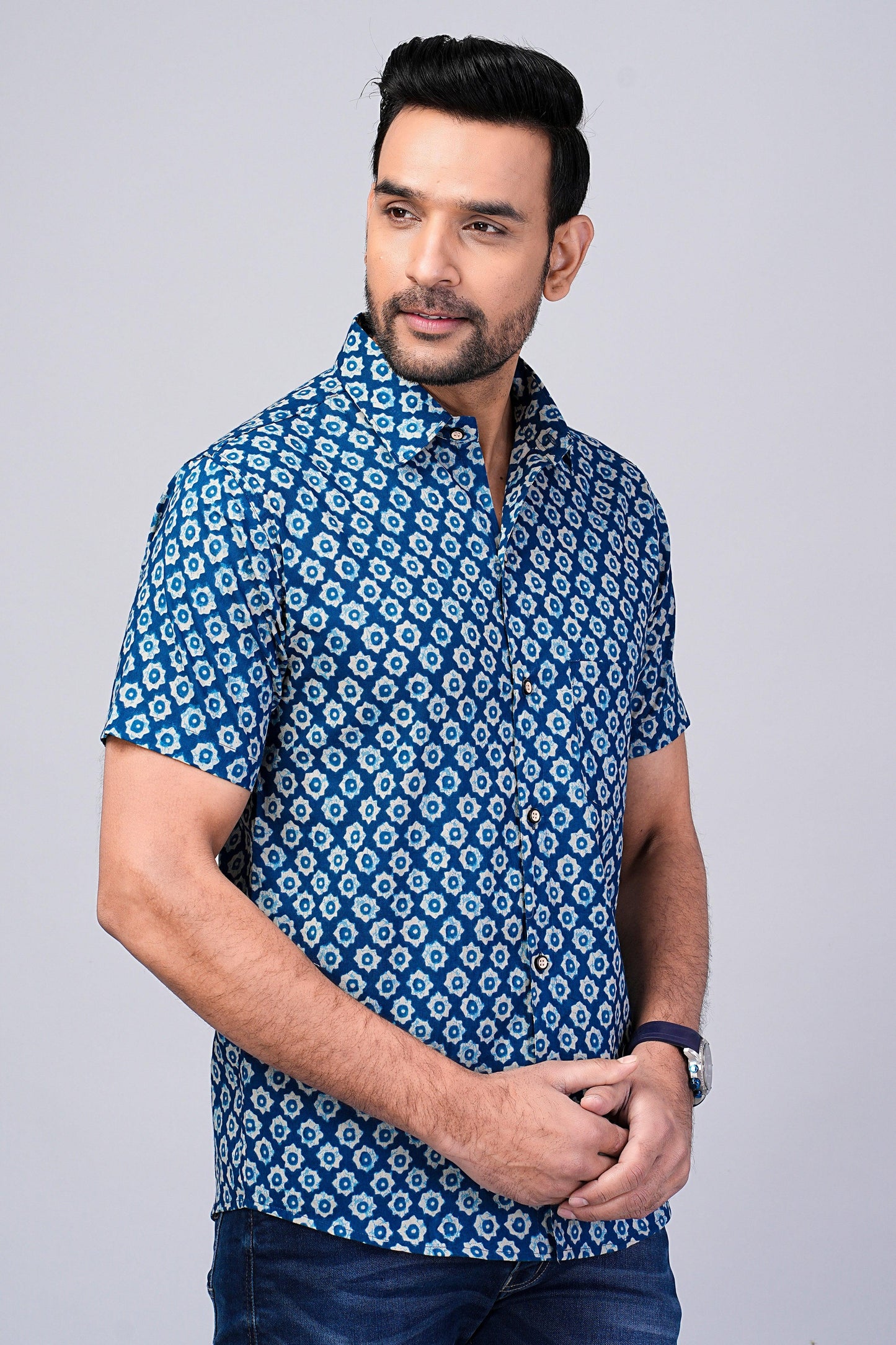 Men's Ethnic Indigo Printed Half-Sleeves shirts