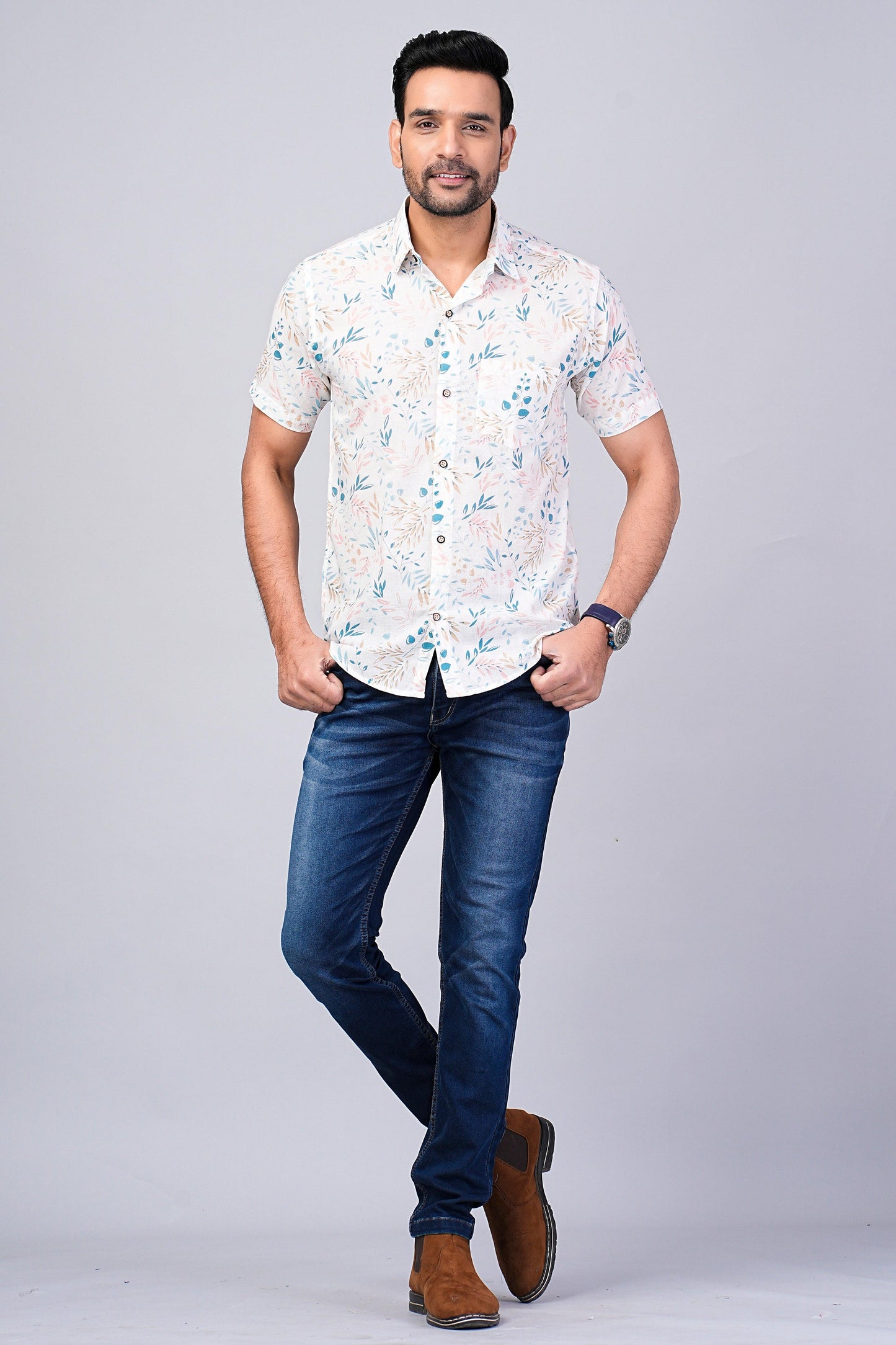 Men's Ethnic Leaf Printed Half-Sleeves shirts