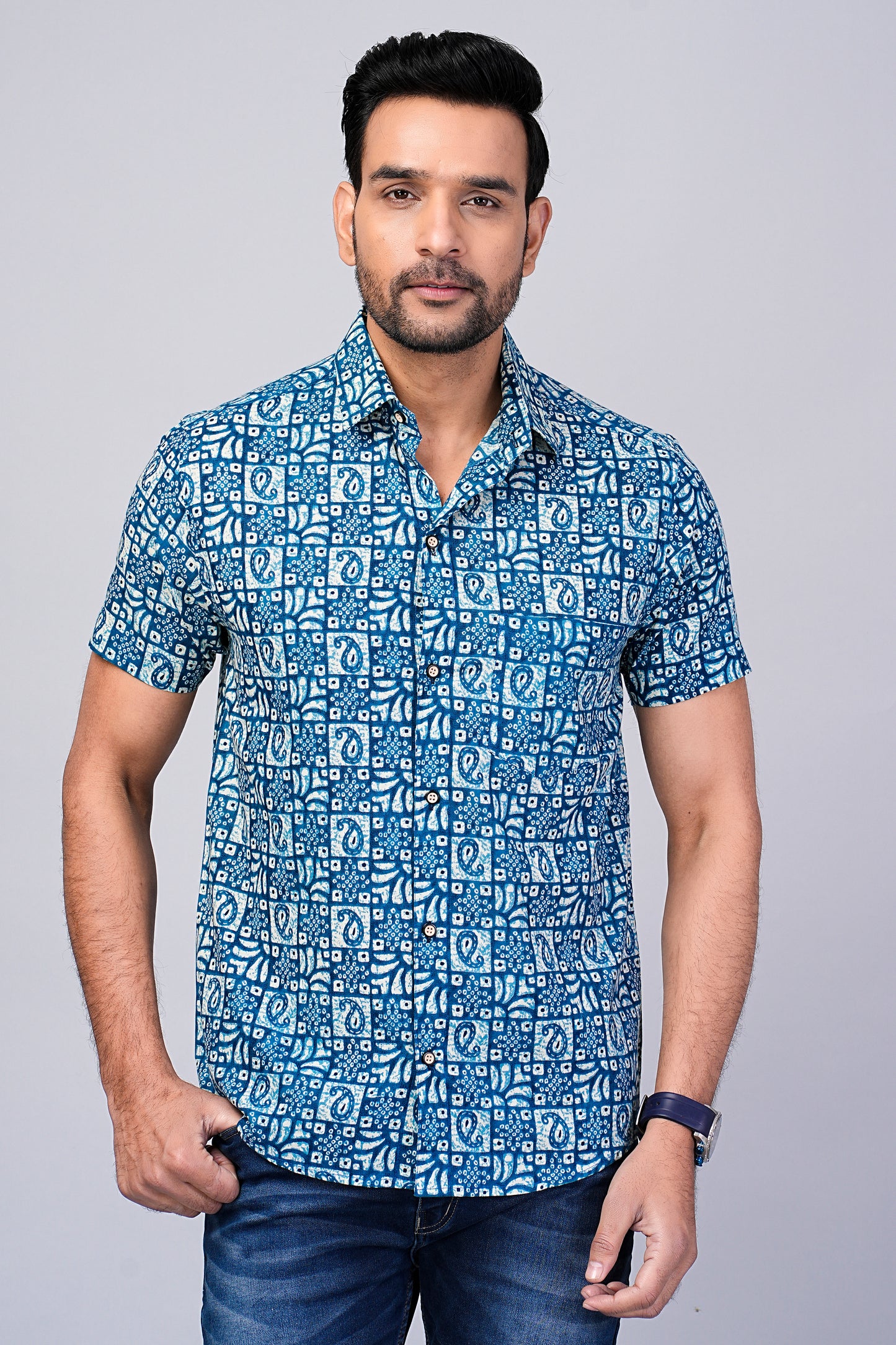 Men's Indigo Printed Half-Sleeves shirts