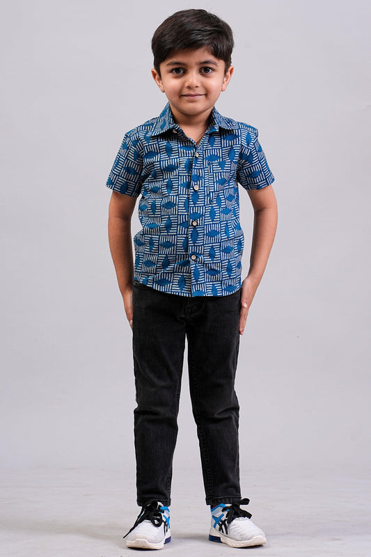 Boy's Indigo Floral Printed Half-Sleeves Shirts