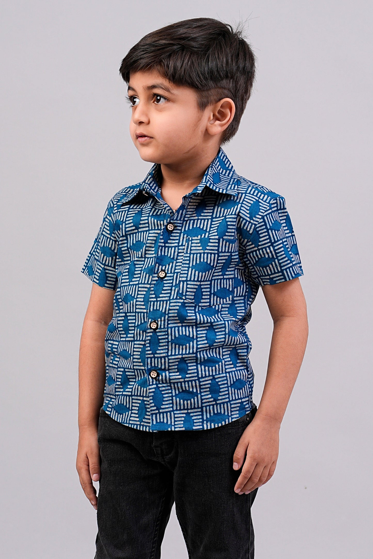 Boy's Indigo Floral Printed Half-Sleeves Shirts