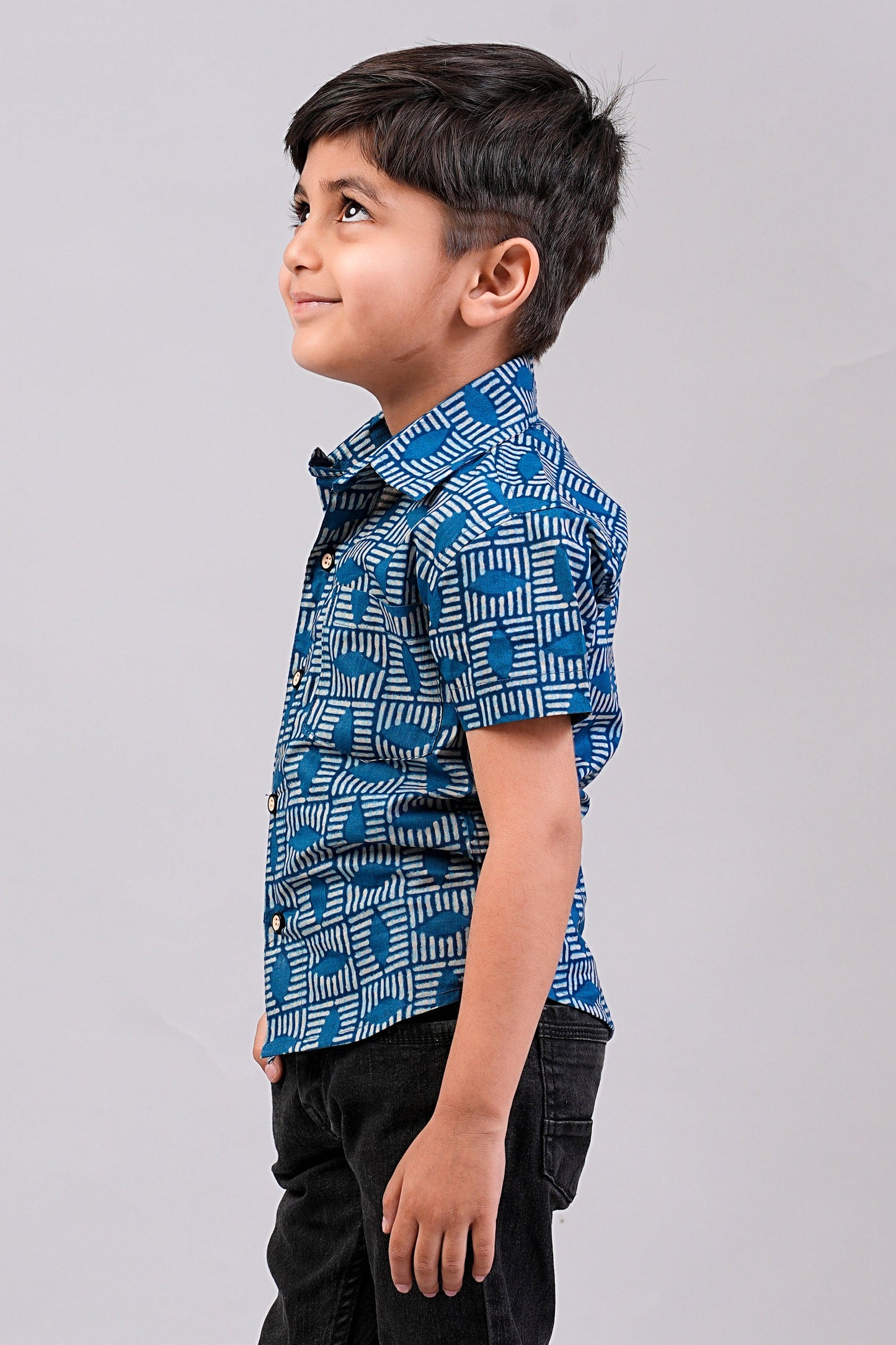 Boy's Indigo Floral Printed Half-Sleeves Shirts