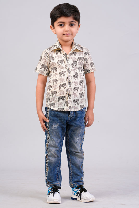 Boy's Black Elephant Printed Half-Sleeves Shirts