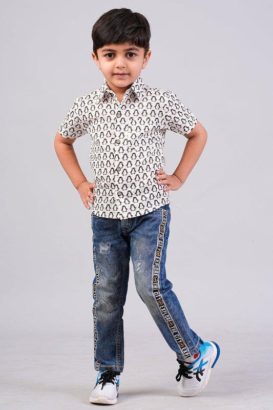 Boy's Black Penguin Printed Half-Sleeves Shirts