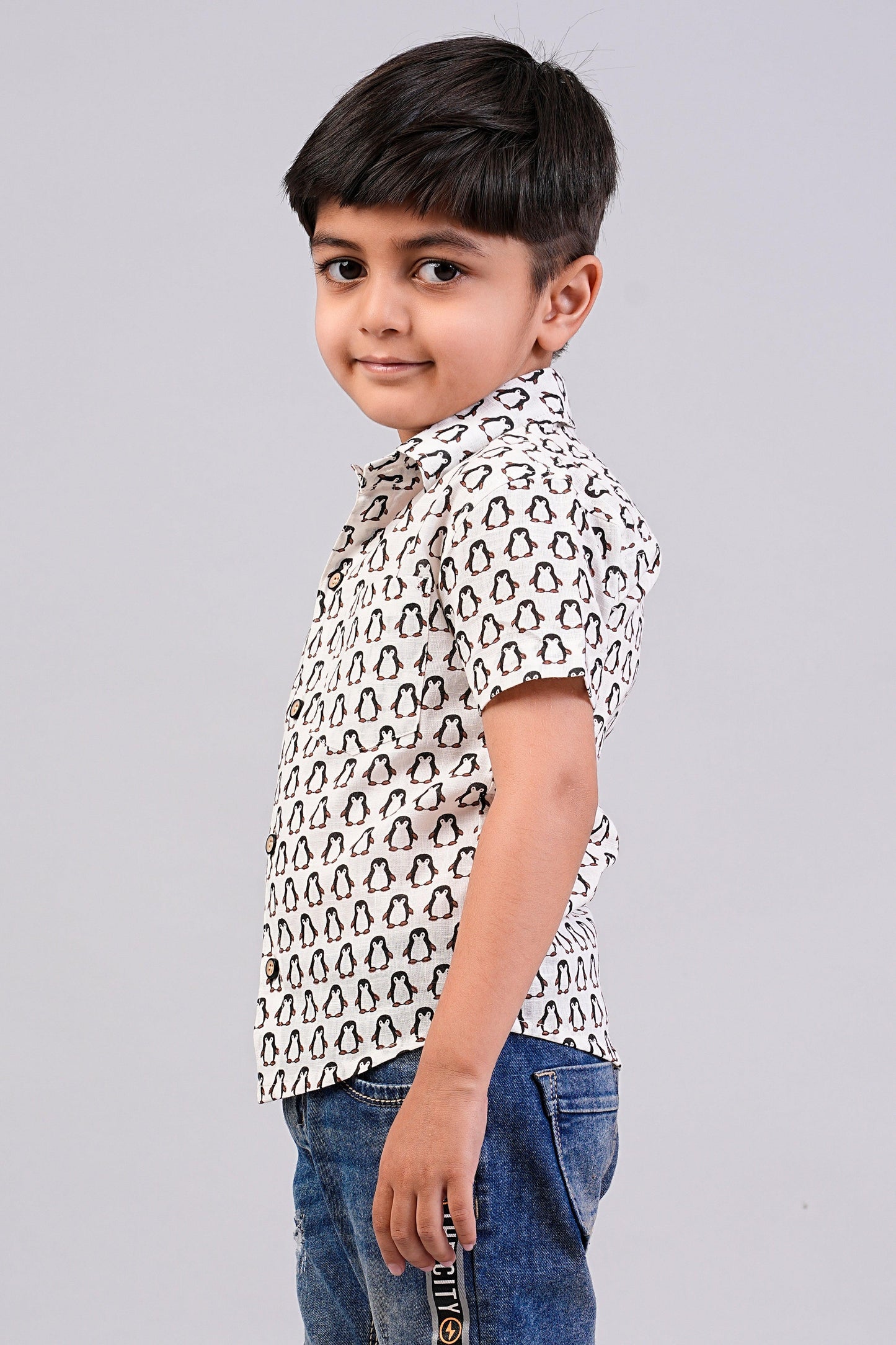 Boy's Black Penguin Printed Half-Sleeves Shirts