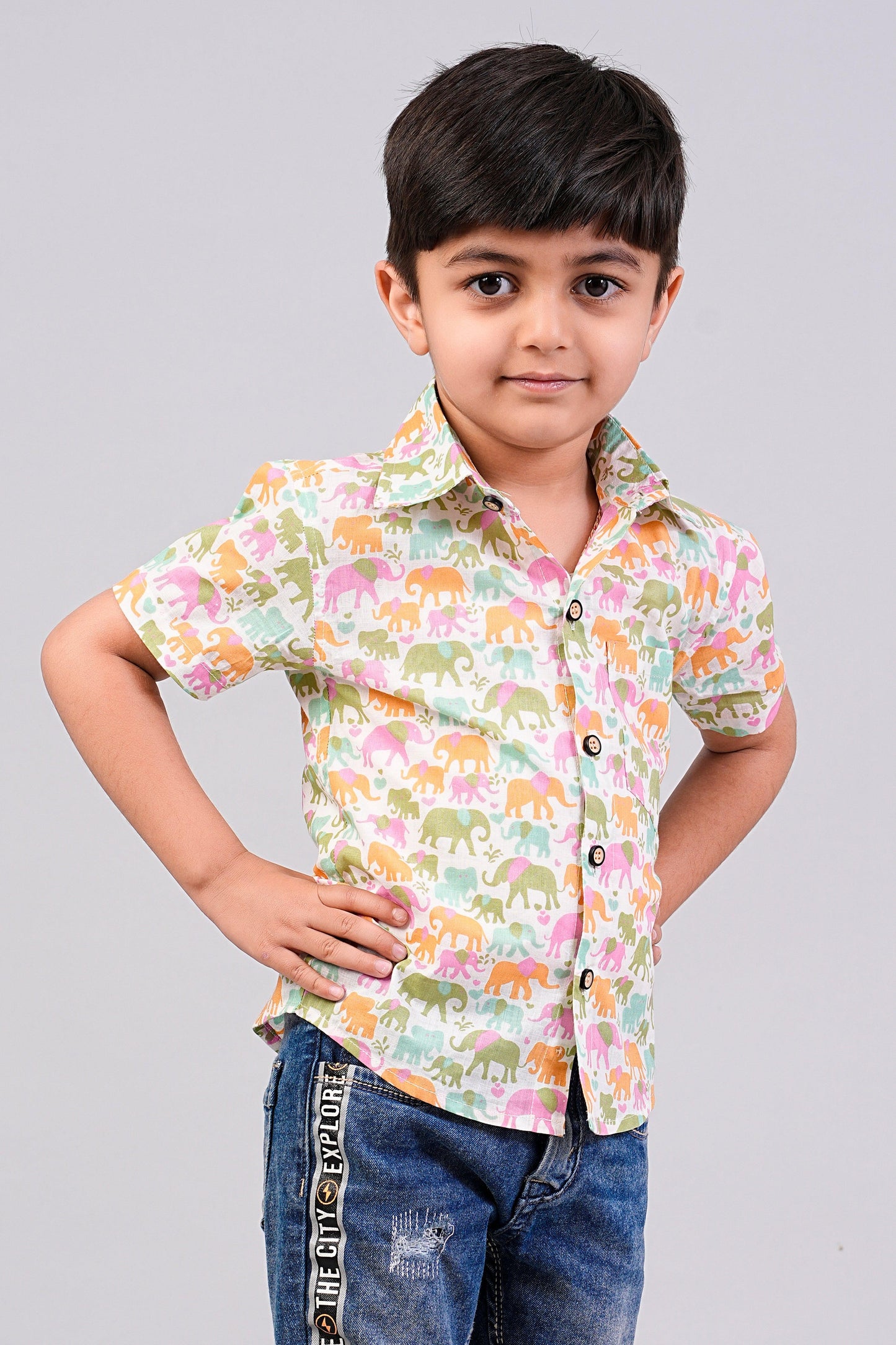 Boy's Elephant Printed Half-Sleeves Shirts