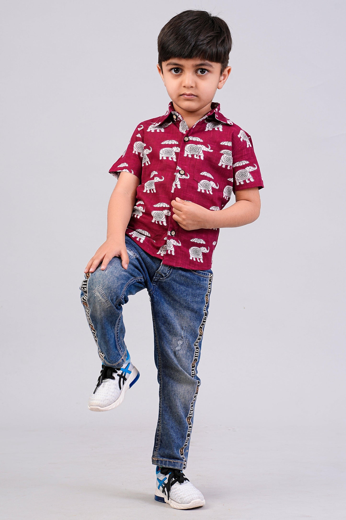 Boy's Red Elephant Printed Half-Sleeves Shirts