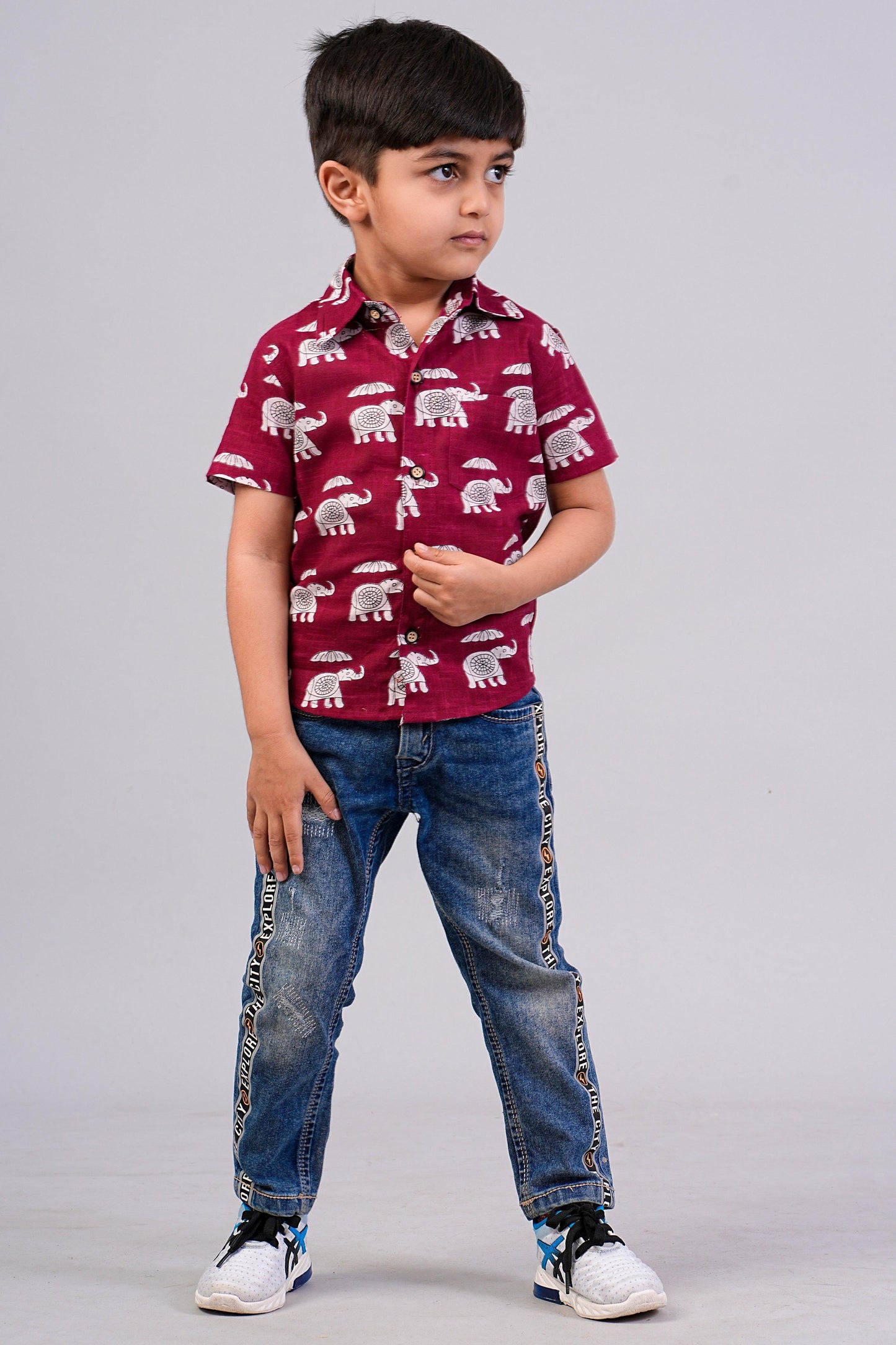 Boy's Red Elephant Printed Half-Sleeves Shirts