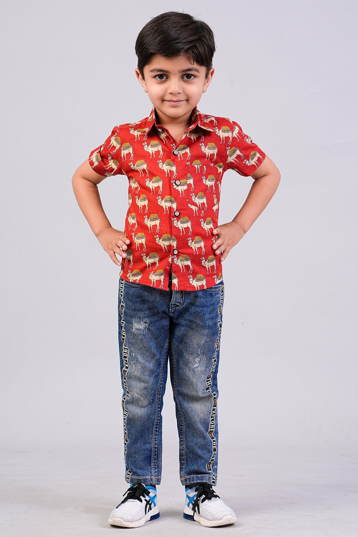 Boy's Red Camel Printed Half-Sleeves Shirts