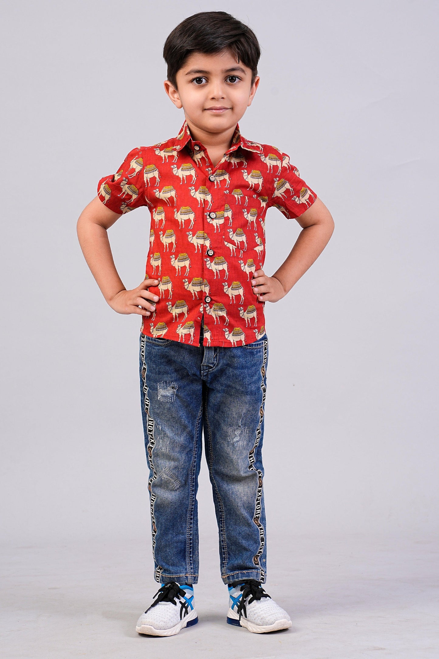 Boy's Red Camel Printed Half-Sleeves Shirts