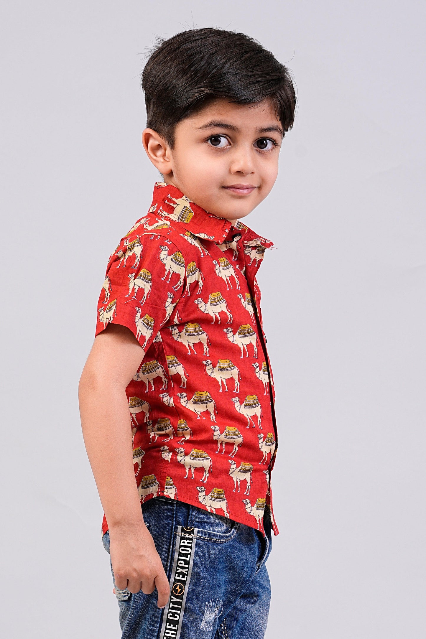 Boy's Red Camel Printed Half-Sleeves Shirts