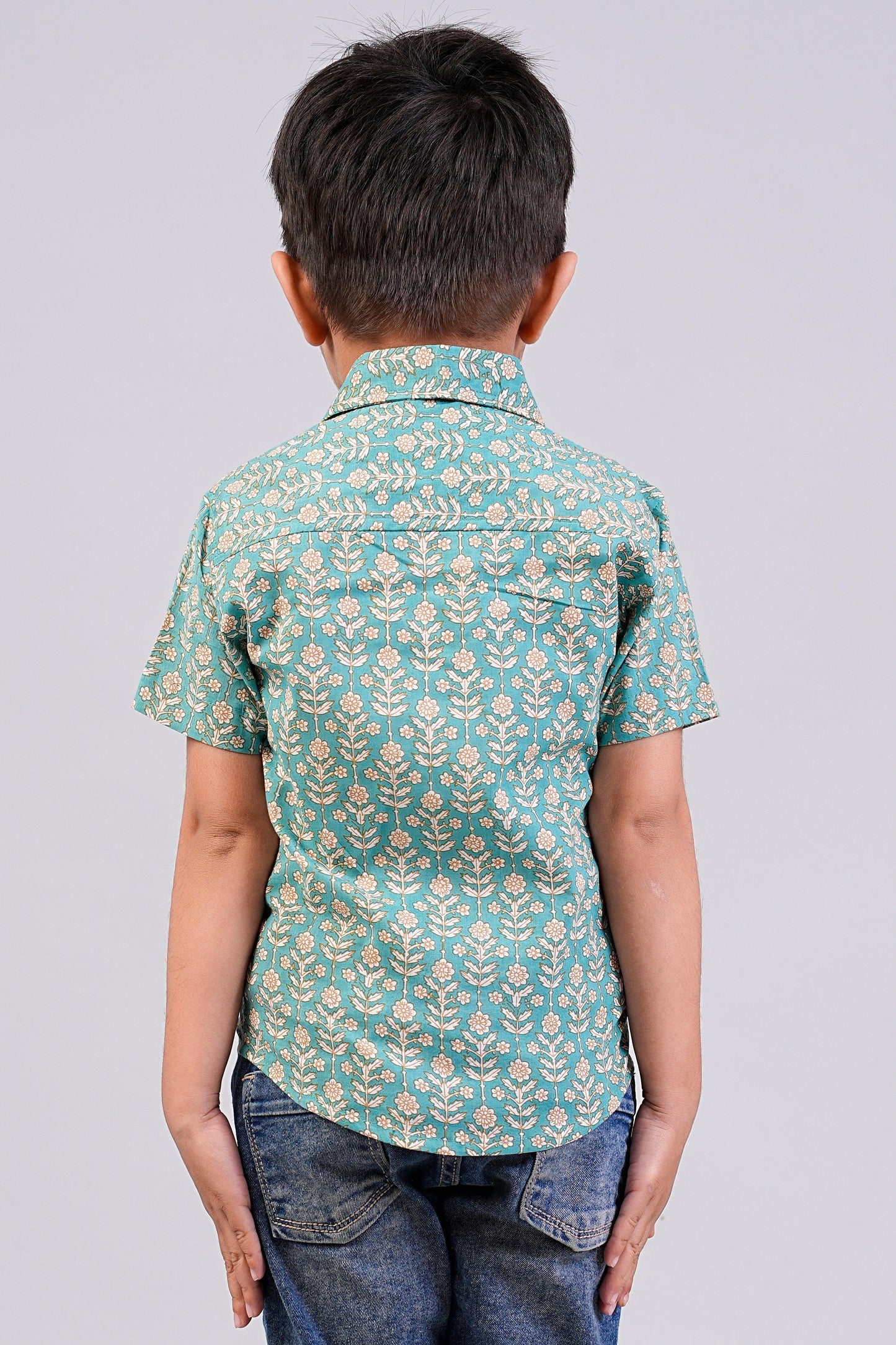 Boy's Sage-Green Floral Printed Half-Sleeves Shirts